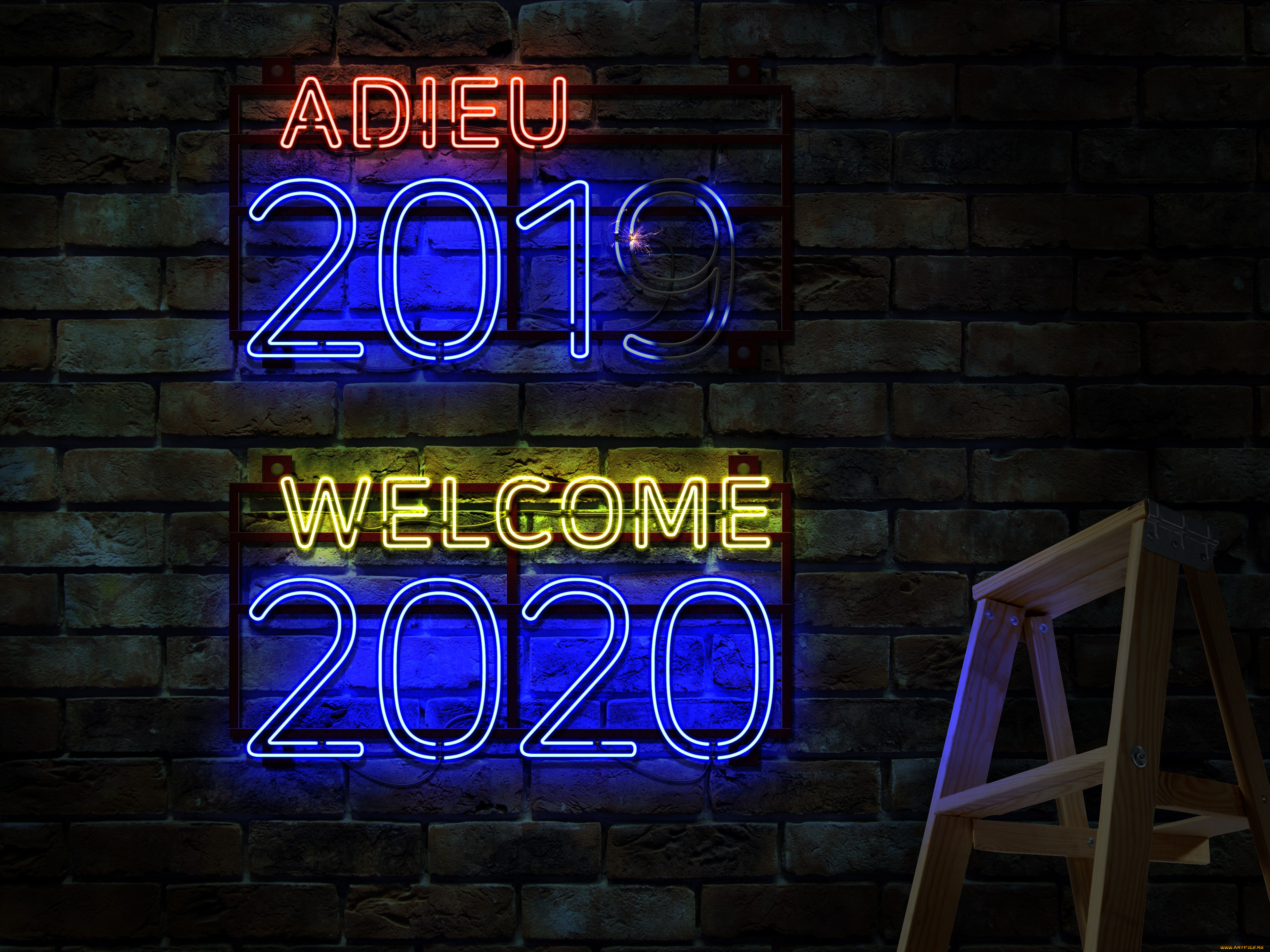 праздничные, -, разное, , новый, год, обои, для, рабочего, стола, неоновые, цифры, стремянка, новый, 2020, год