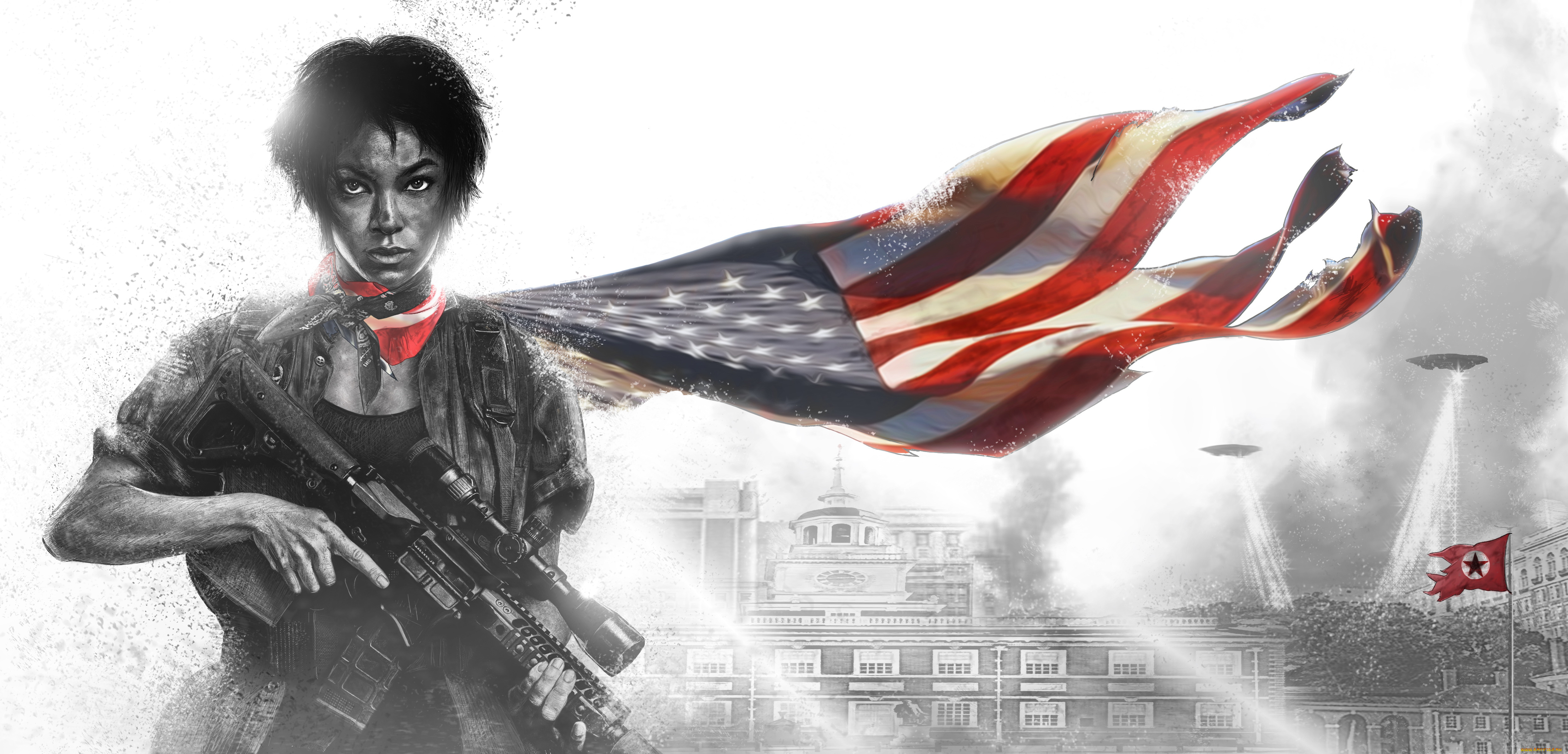 видео, игры, homefront, автомат, флаг, девушка, фон, взгляд