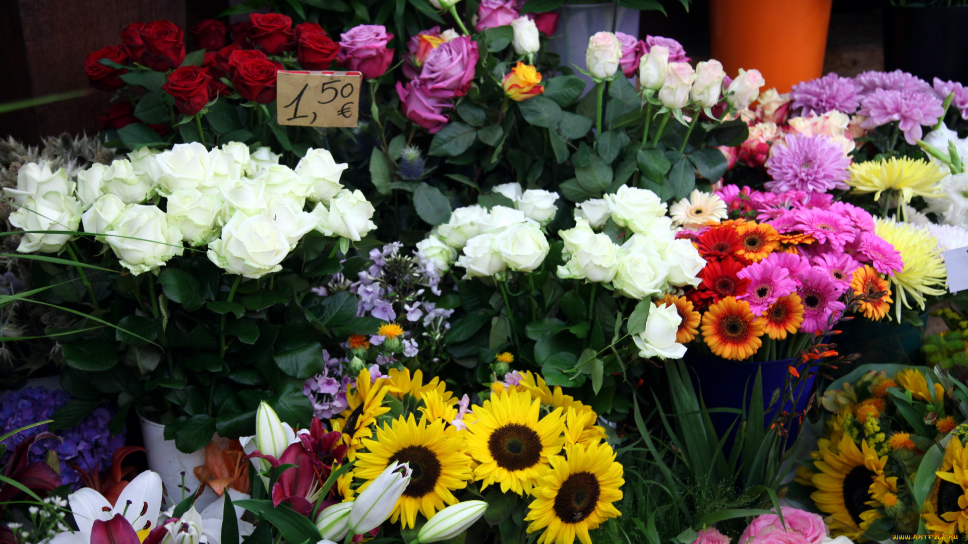 цветы, разные, вместе, розы, лилии, герберы