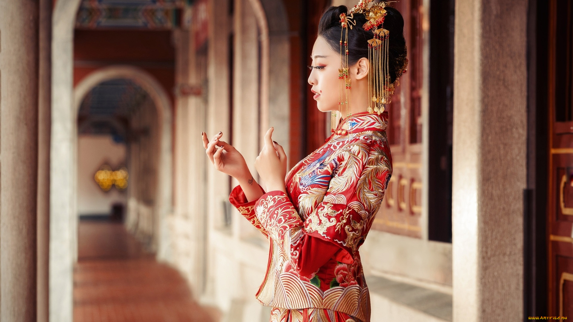 девушки, -, азиатки, национальный, костюм