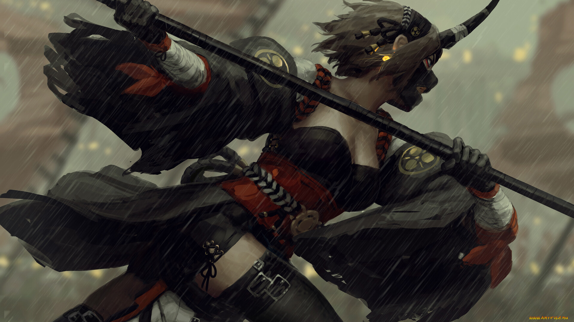 фэнтези, девушки, девушка, маска, копье, дождь