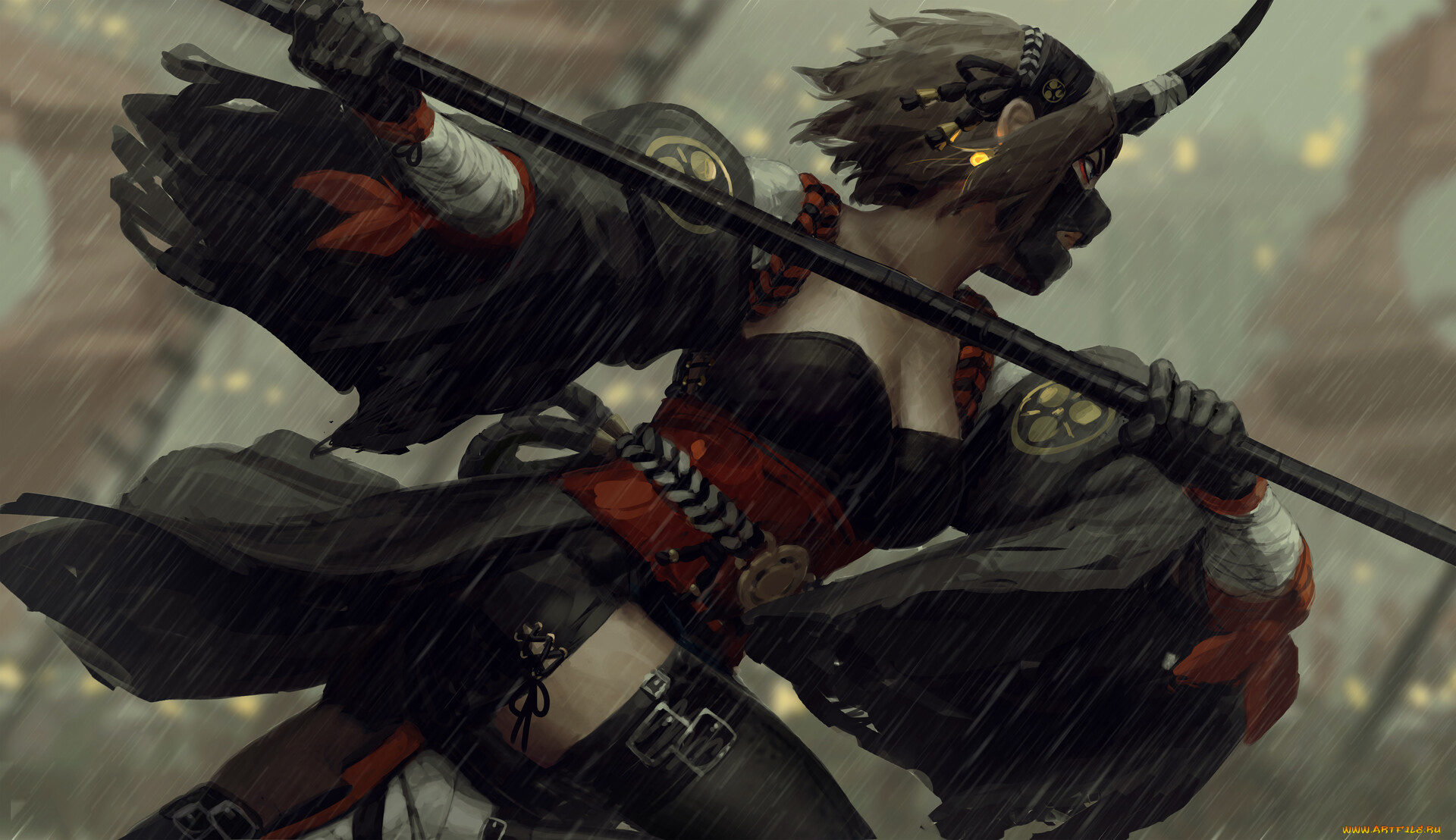 фэнтези, девушки, девушка, маска, копье, дождь