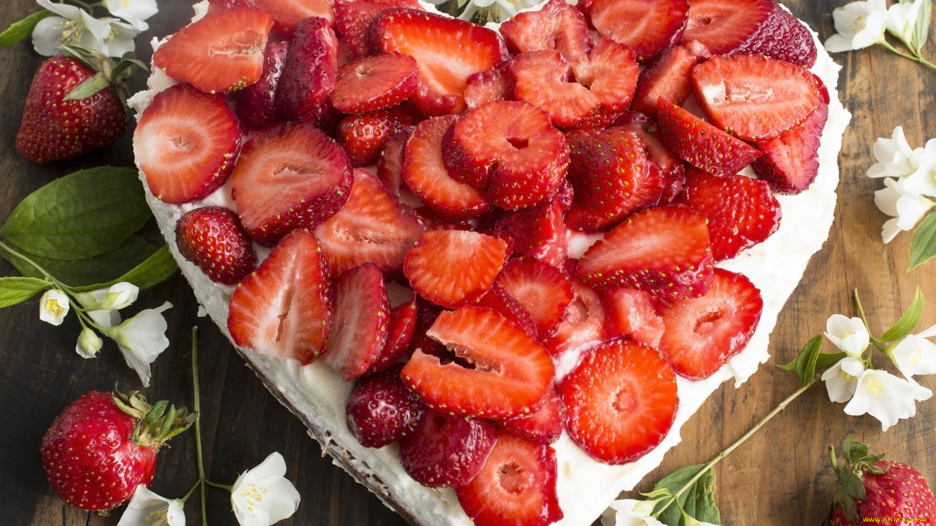 еда, торты, жасмин, торт, сердце, клубника