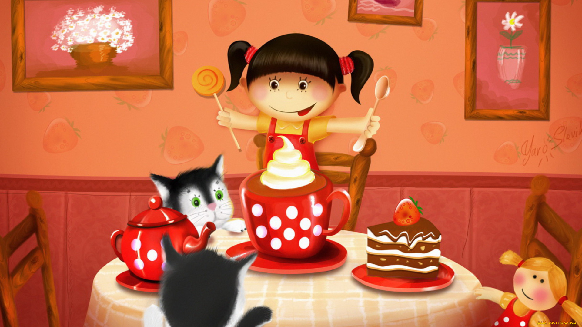 векторная, графика, мультфильмы, , cartoons, девочка, день, рождения, коты, угощение