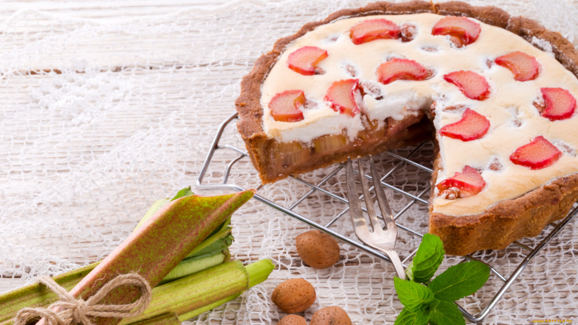 еда, пироги, ревень, миндаль, пирог, мята