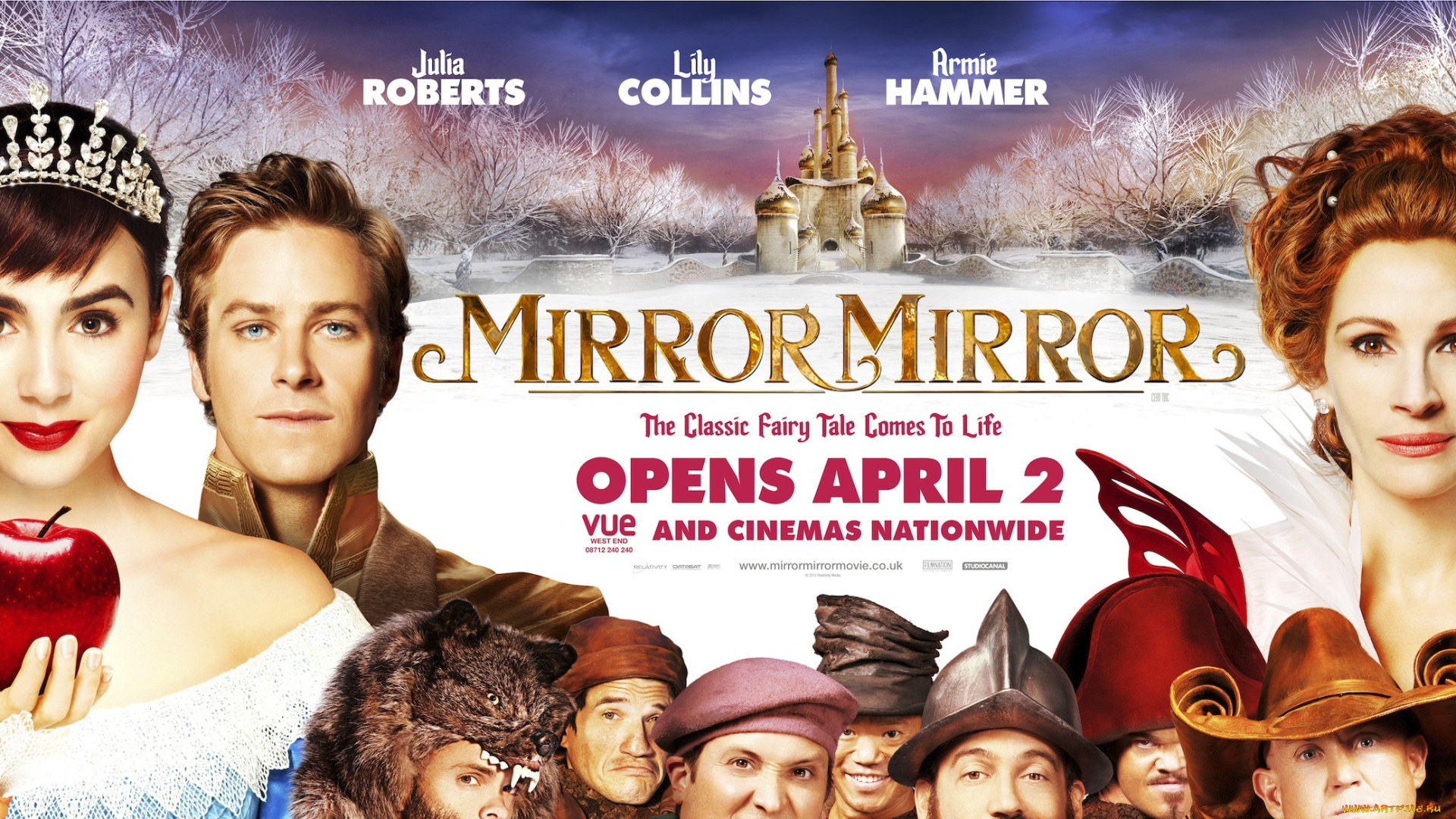 кино, фильмы, mirror, mirror, белоснежка, яблоко, персонажи, замок, зима