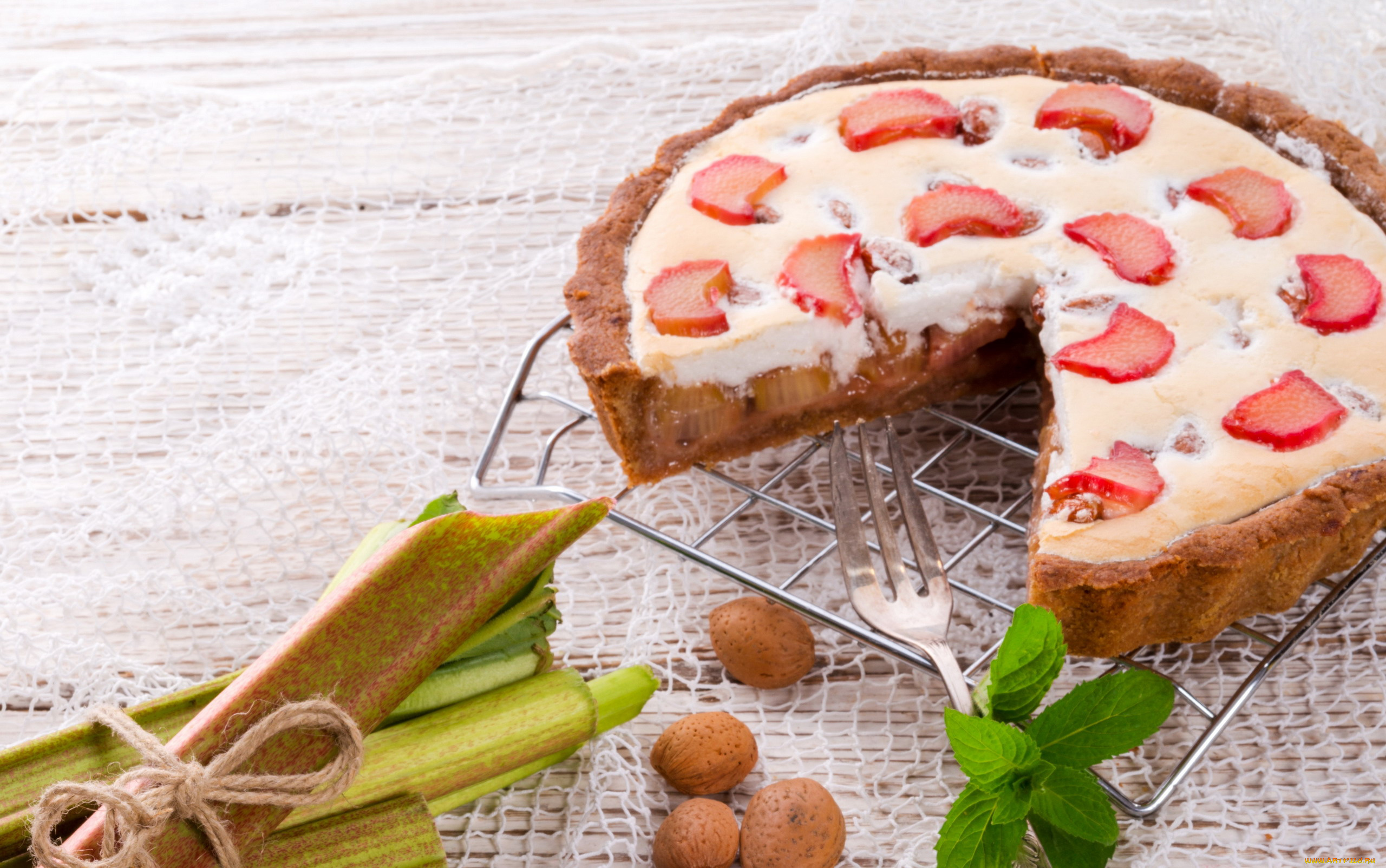 еда, пироги, ревень, миндаль, пирог, мята