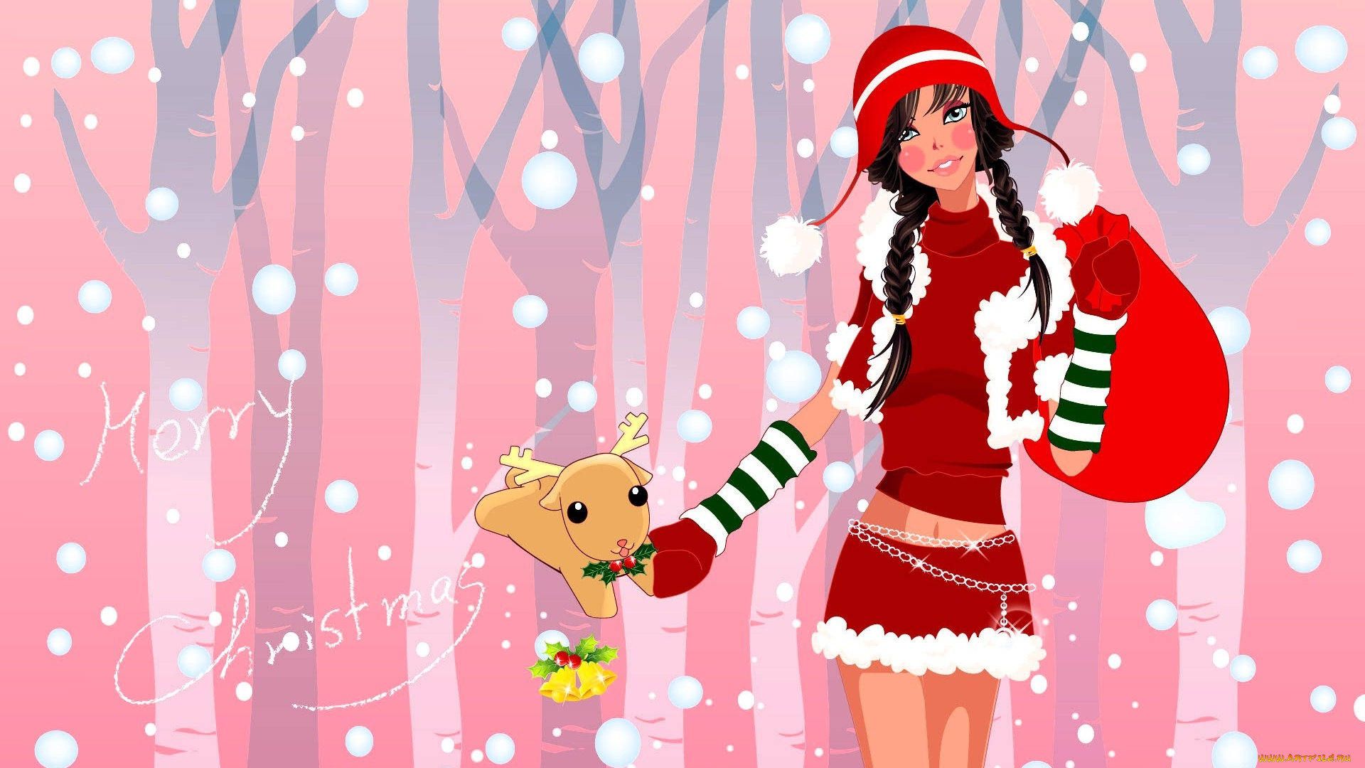 праздничные, векторная, графика, , новый, год, снегурочка, снег, мешок, костюм, олень, лес