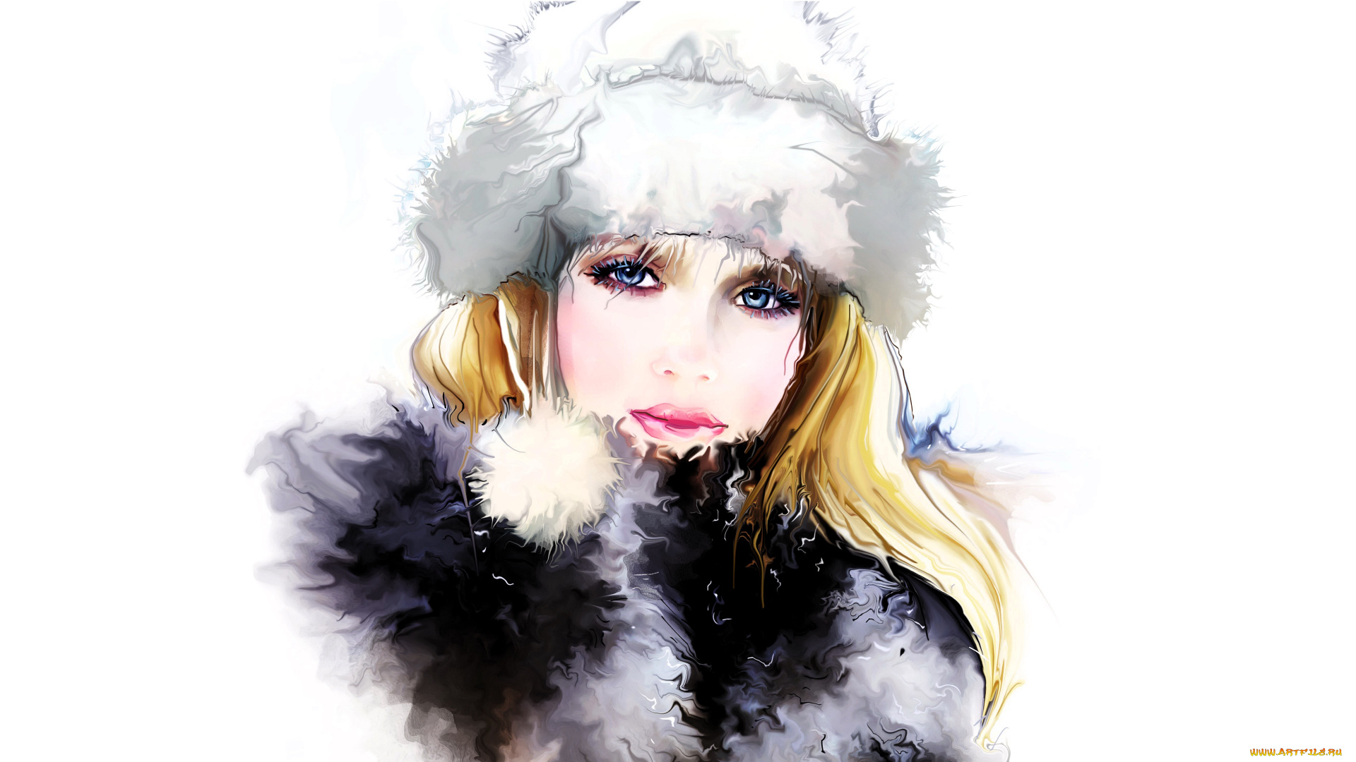 рисованное, люди, девушка, лицо, шапка, воротник, мех