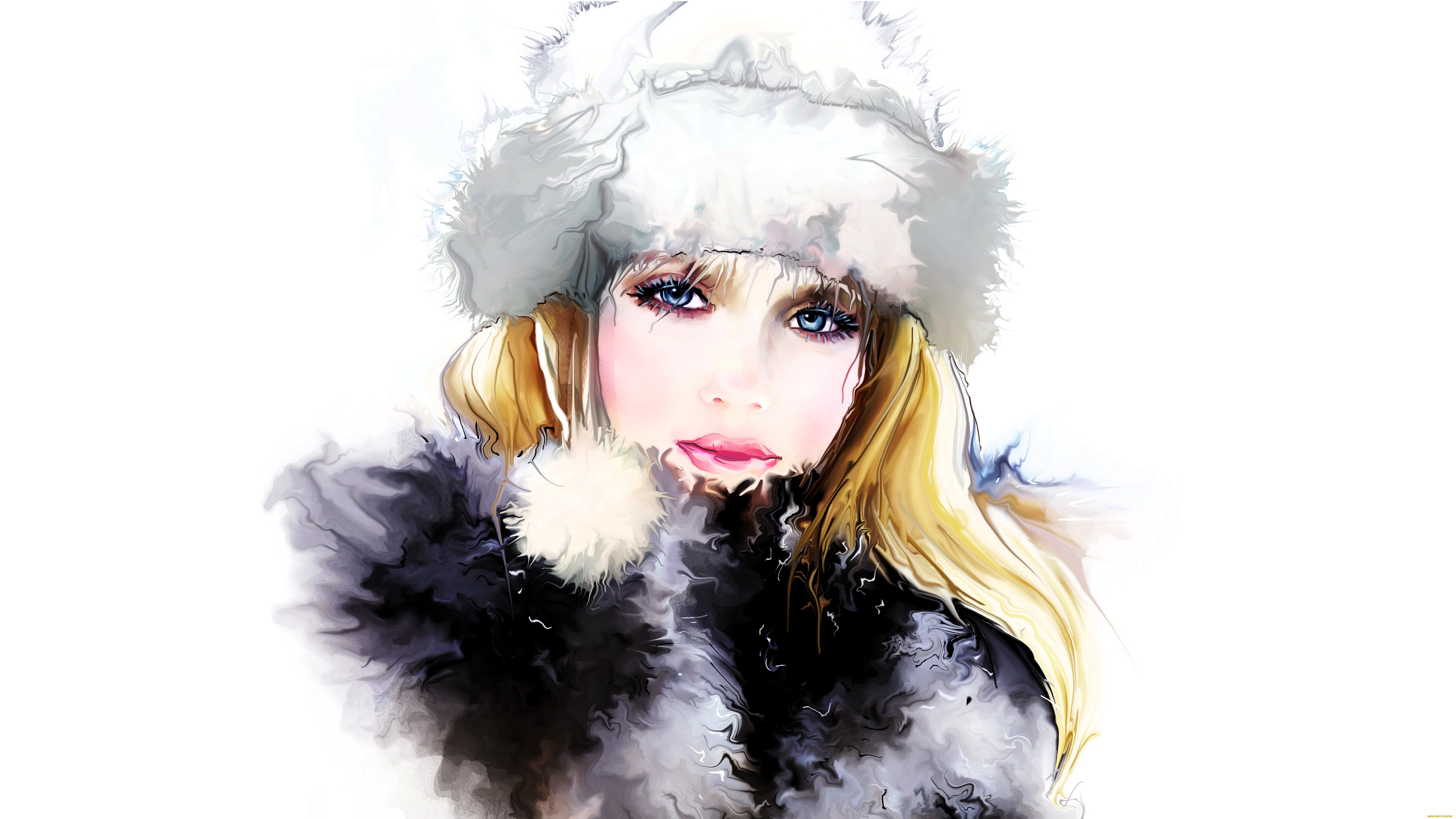 рисованное, люди, девушка, лицо, шапка, воротник, мех