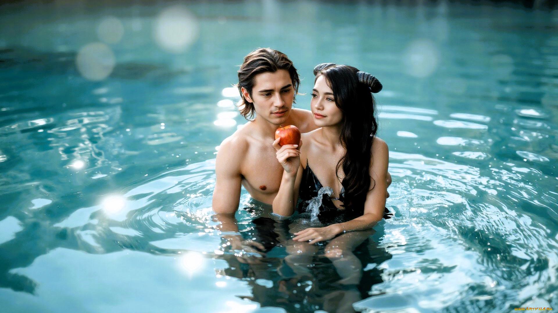 3д, графика, фантазия, , fantasy, пара, парень, девушка, демонесса, вода, яблоко, рога