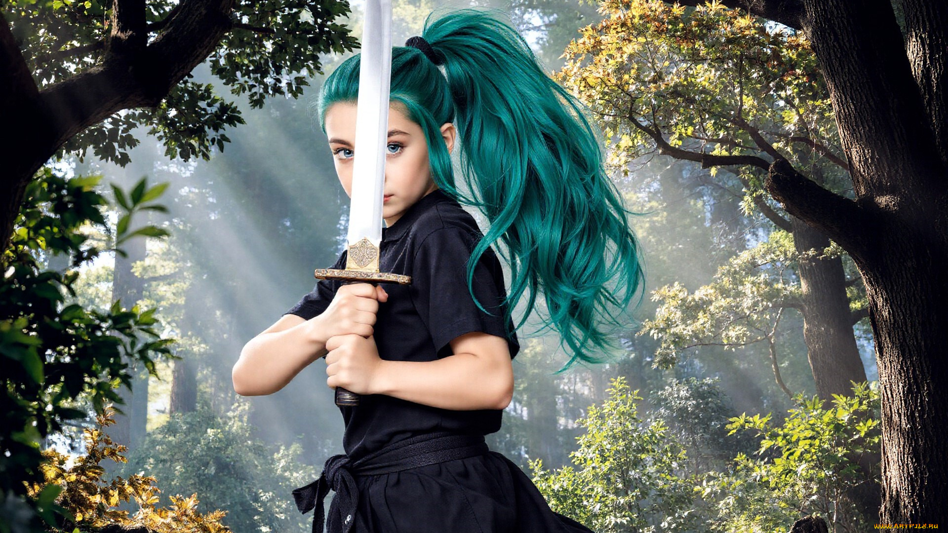 3д, графика, люди, , people, девушка, меч, наряд, лес