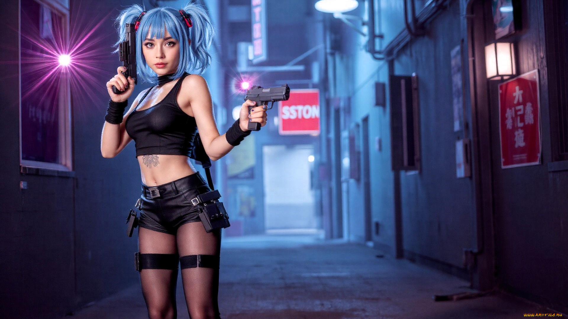 3д, графика, люди, , people, девушка, топ, шорты, пистолеты, оружие, дома, улица, неон