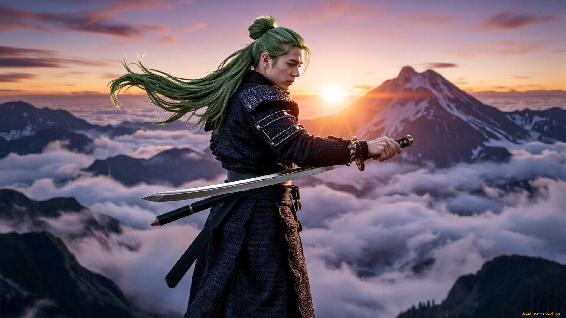 3д, графика, люди, , people, парень, наряд, меч, горы, облака