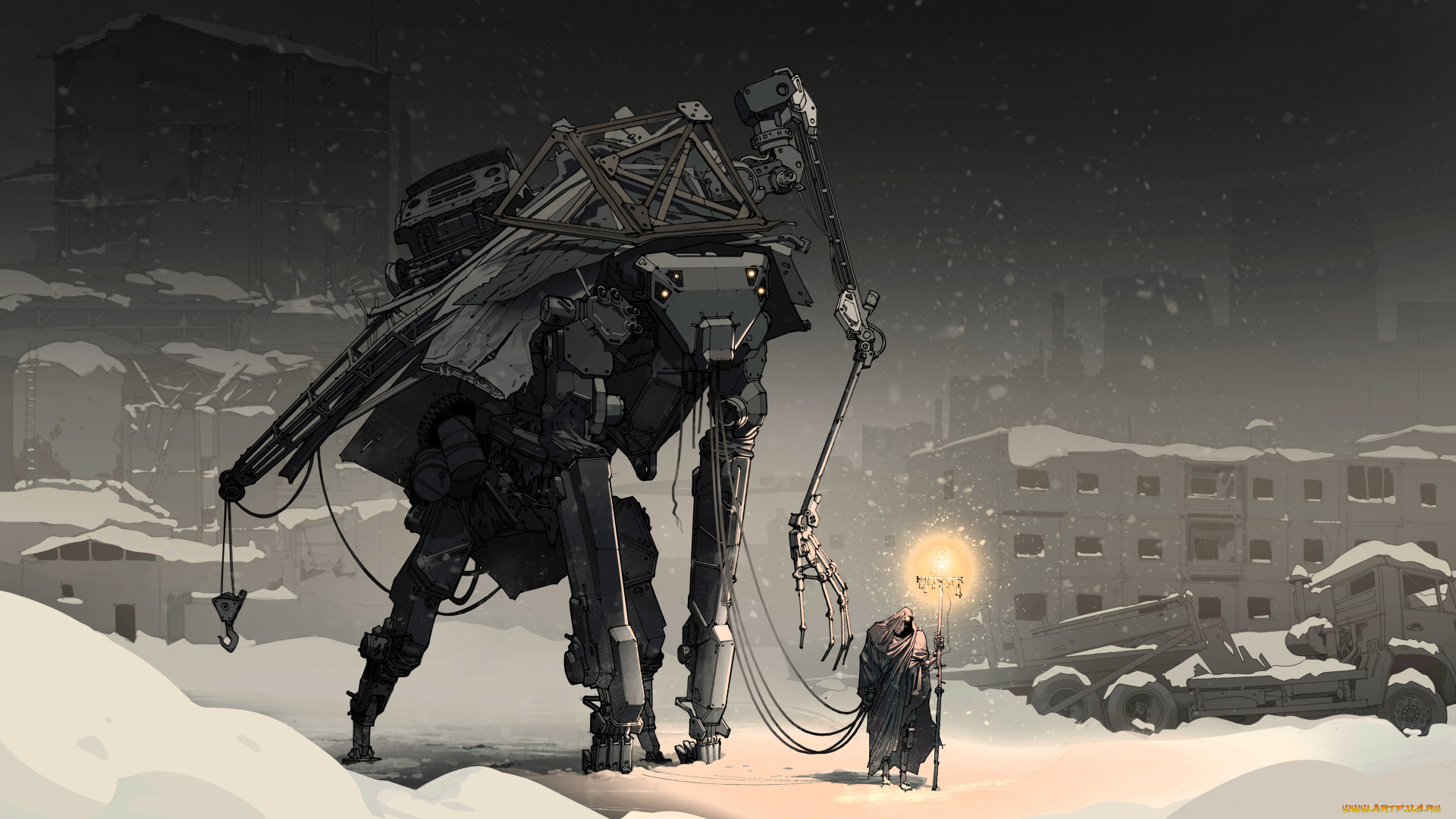 фэнтези, роботы, , киборги, , механизмы, город, дома, снег, зима, робт, человек, свет