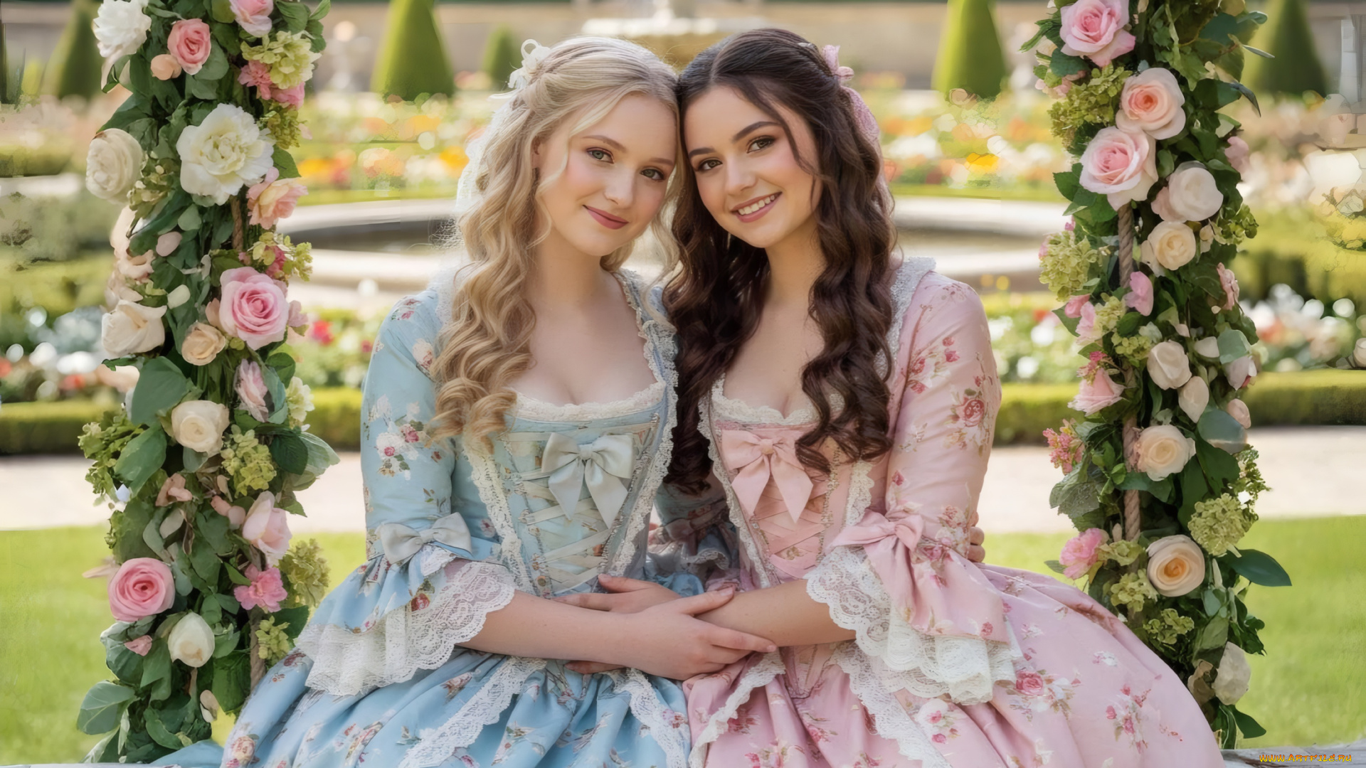 нейросеть, 3д, графика, люди, , people, две, девушки, красавицы, бантики, макияж, улыбки, платья, боке, цветы, арка, парк, красота