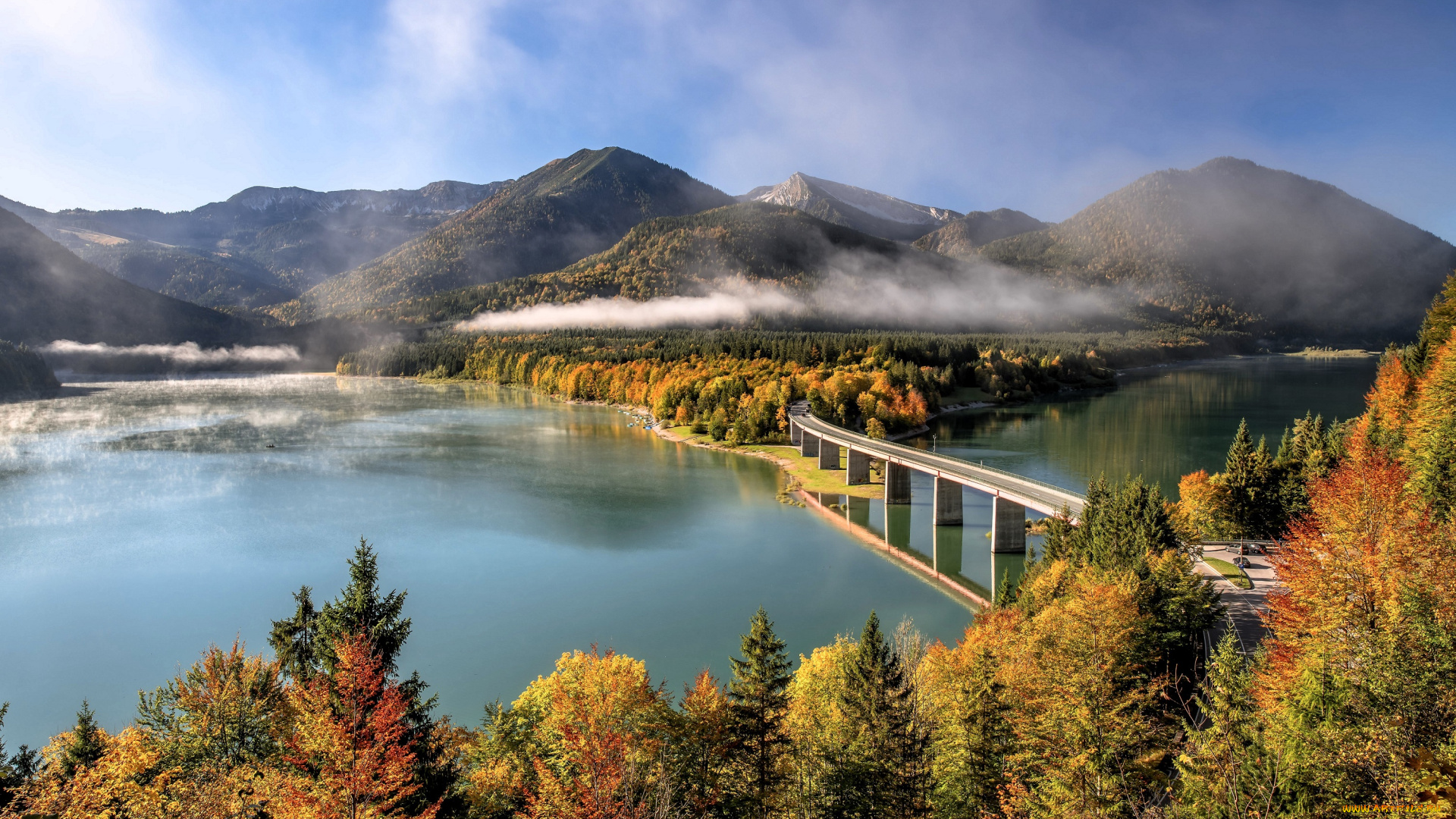 природа, реки, озера, горы, лес, осень, река, мост, облака