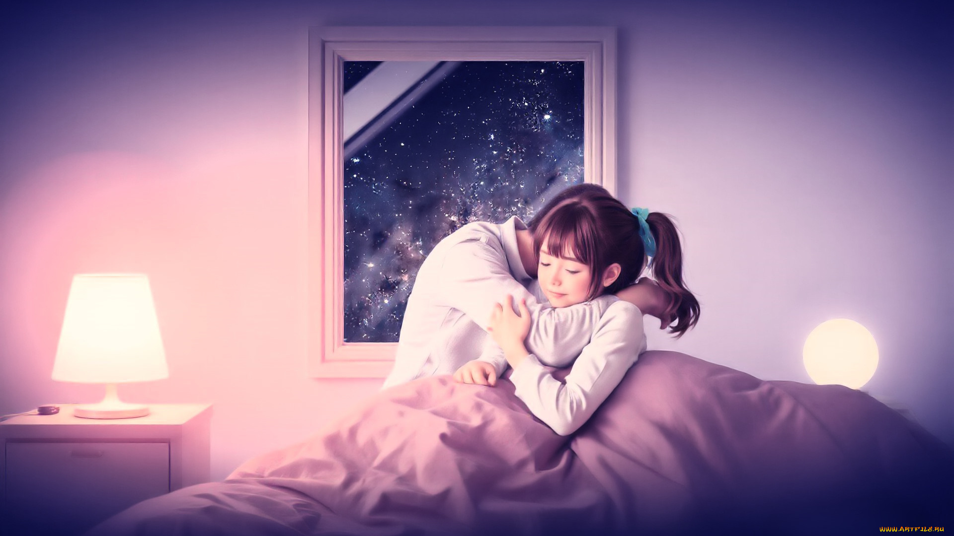 разное, компьютерный, дизайн, мужчина, девочка, одеяло, кровать, окно, торшер