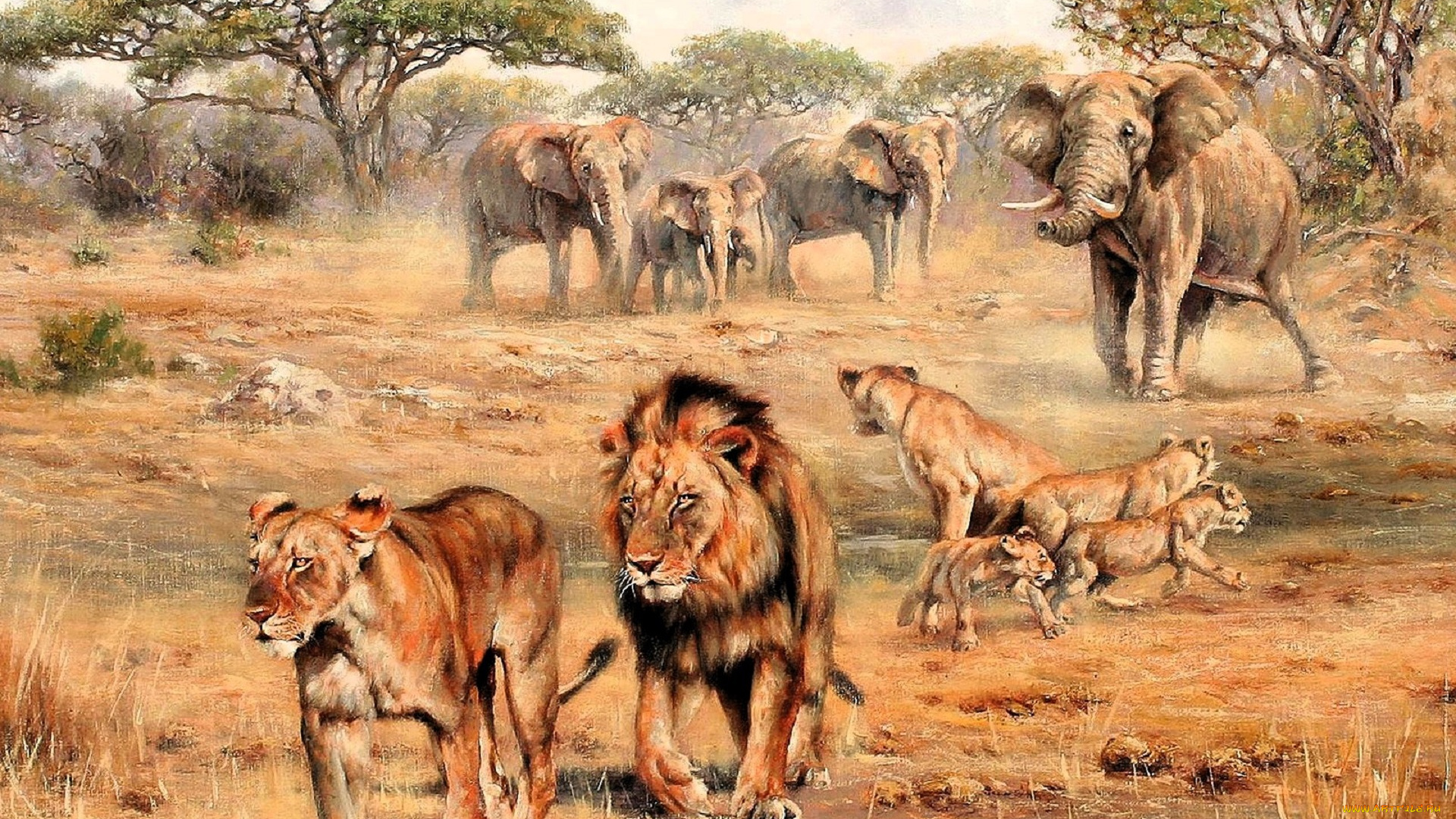 рисованное, eric, forlee, львы, слоны, саванна, деревья