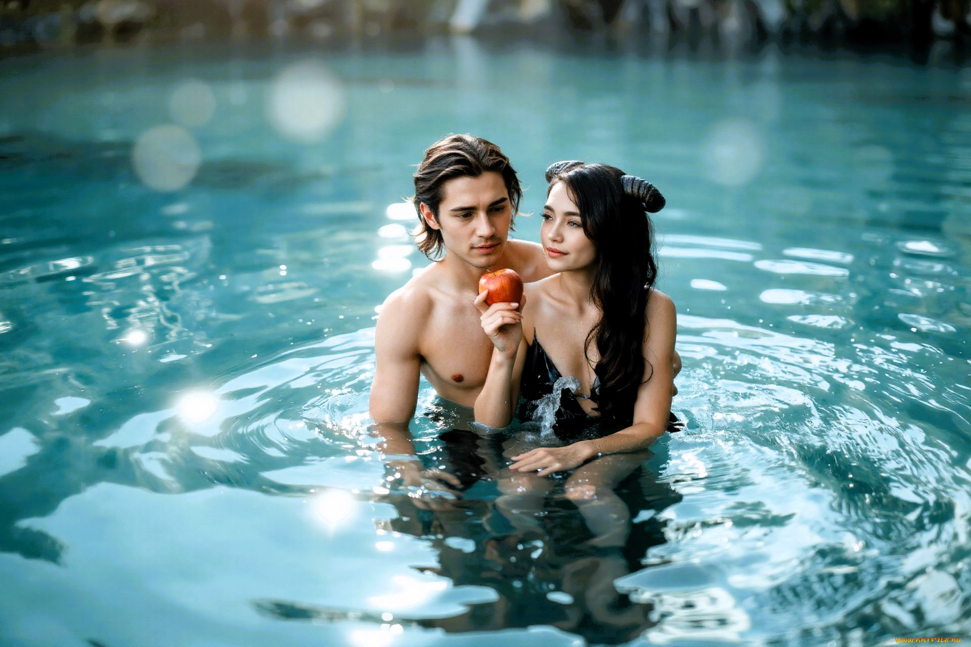 3д, графика, фантазия, , fantasy, пара, парень, девушка, демонесса, вода, яблоко, рога
