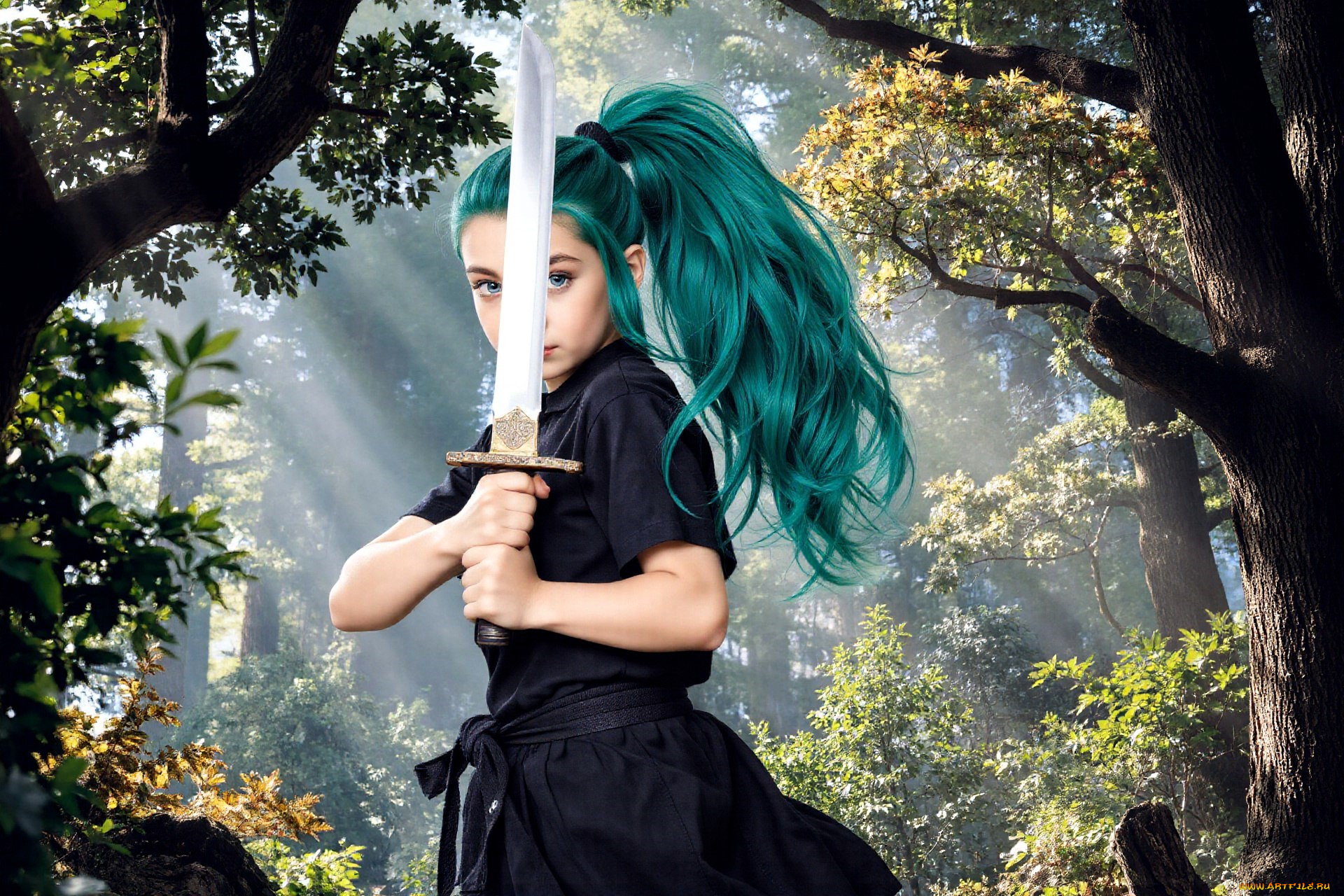 3д, графика, люди, , people, девушка, меч, наряд, лес