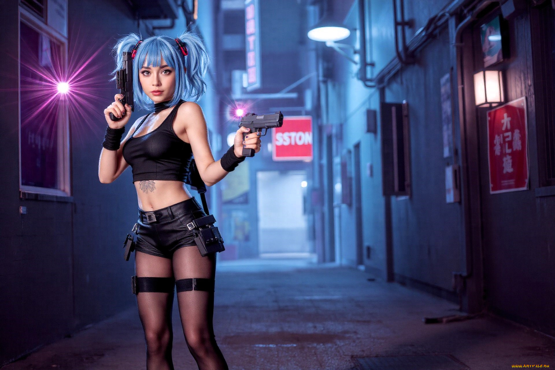 3д, графика, люди, , people, девушка, топ, шорты, пистолеты, оружие, дома, улица, неон