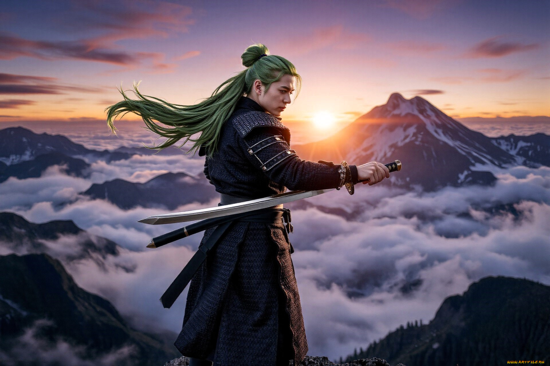 3д, графика, люди, , people, парень, наряд, меч, горы, облака