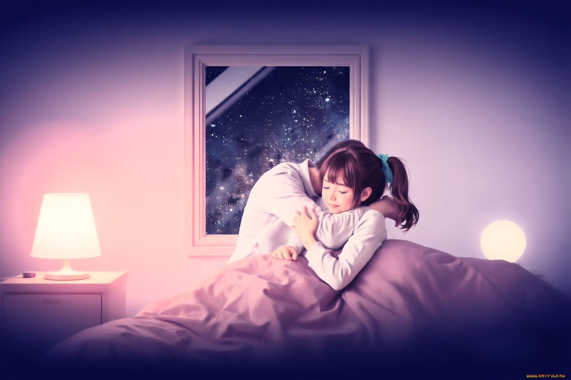 разное, компьютерный, дизайн, мужчина, девочка, одеяло, кровать, окно, торшер