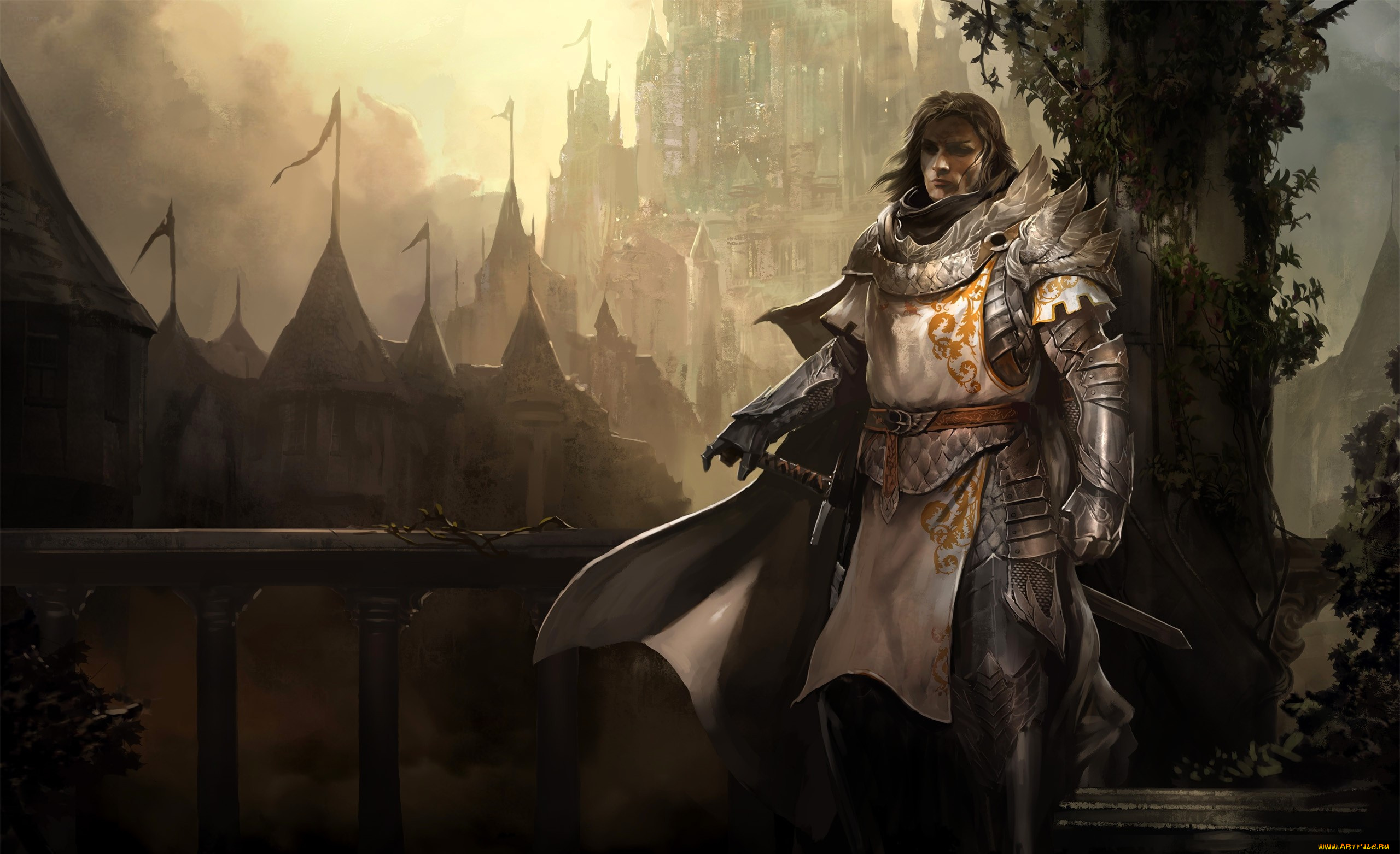 видео, игры, guild, wars, 2, рыцарь, латы, плащ, меч, мост, замок, дворец