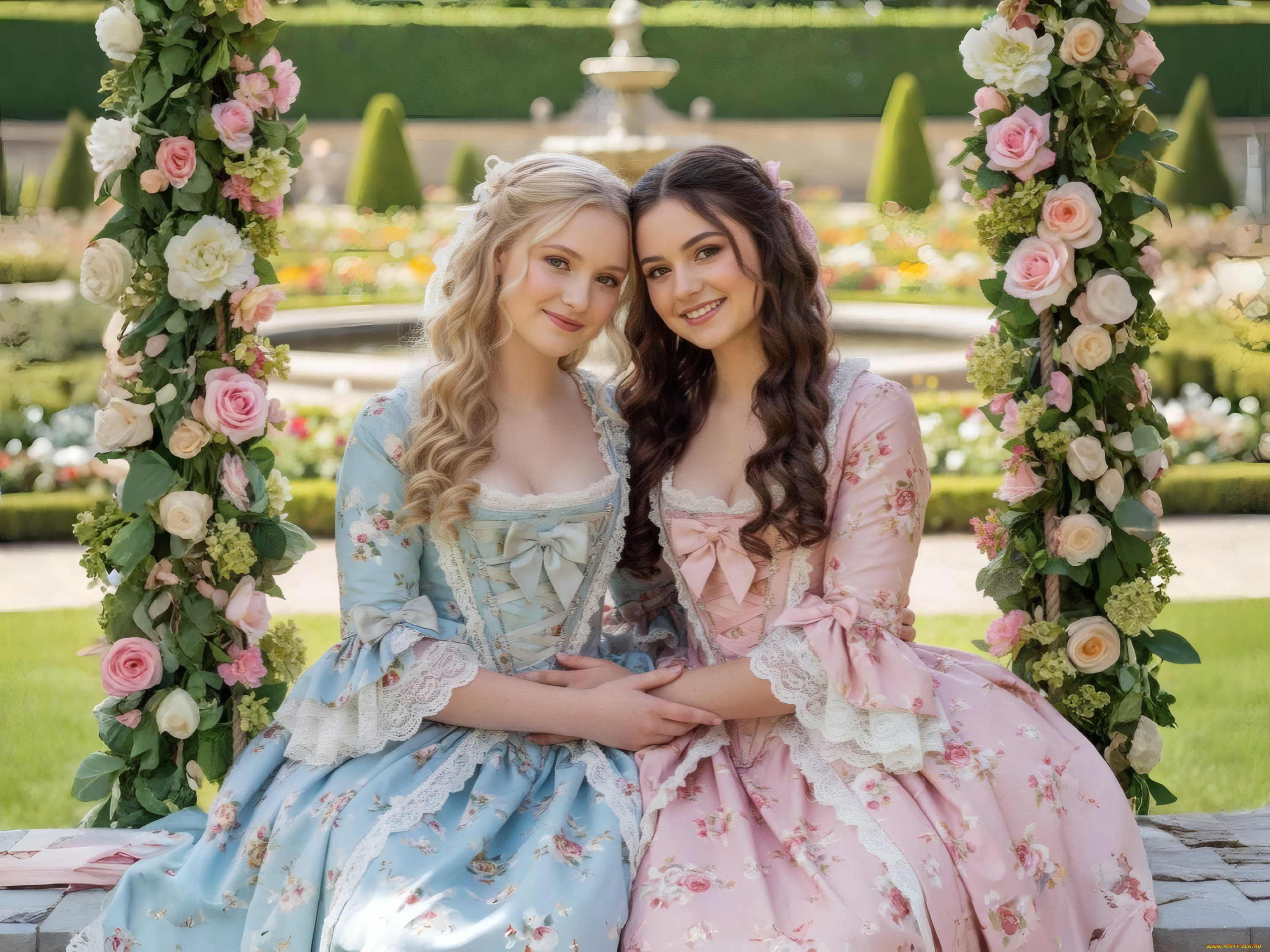 нейросеть, 3д, графика, люди, , people, две, девушки, красавицы, бантики, макияж, улыбки, платья, боке, цветы, арка, парк, красота