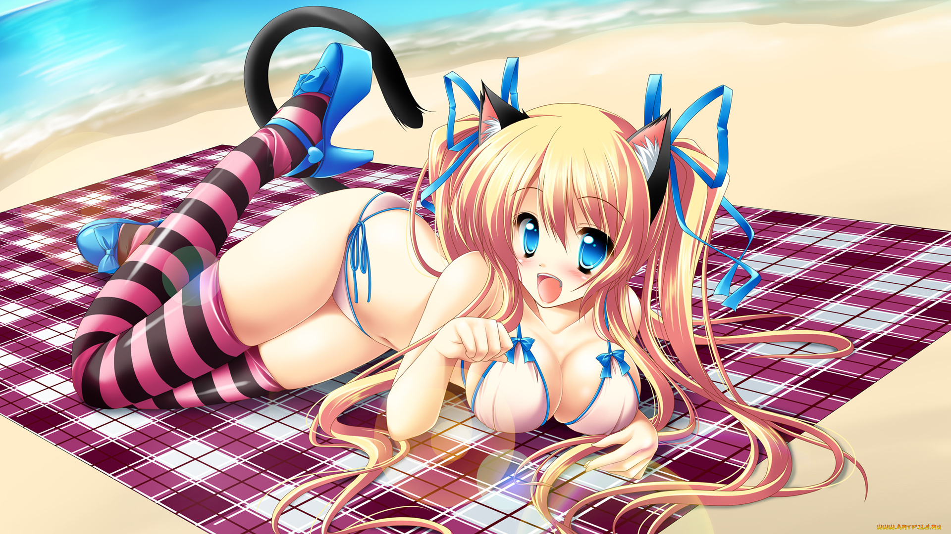 аниме, animals, лежит, чулки, грудь, девушка, фон