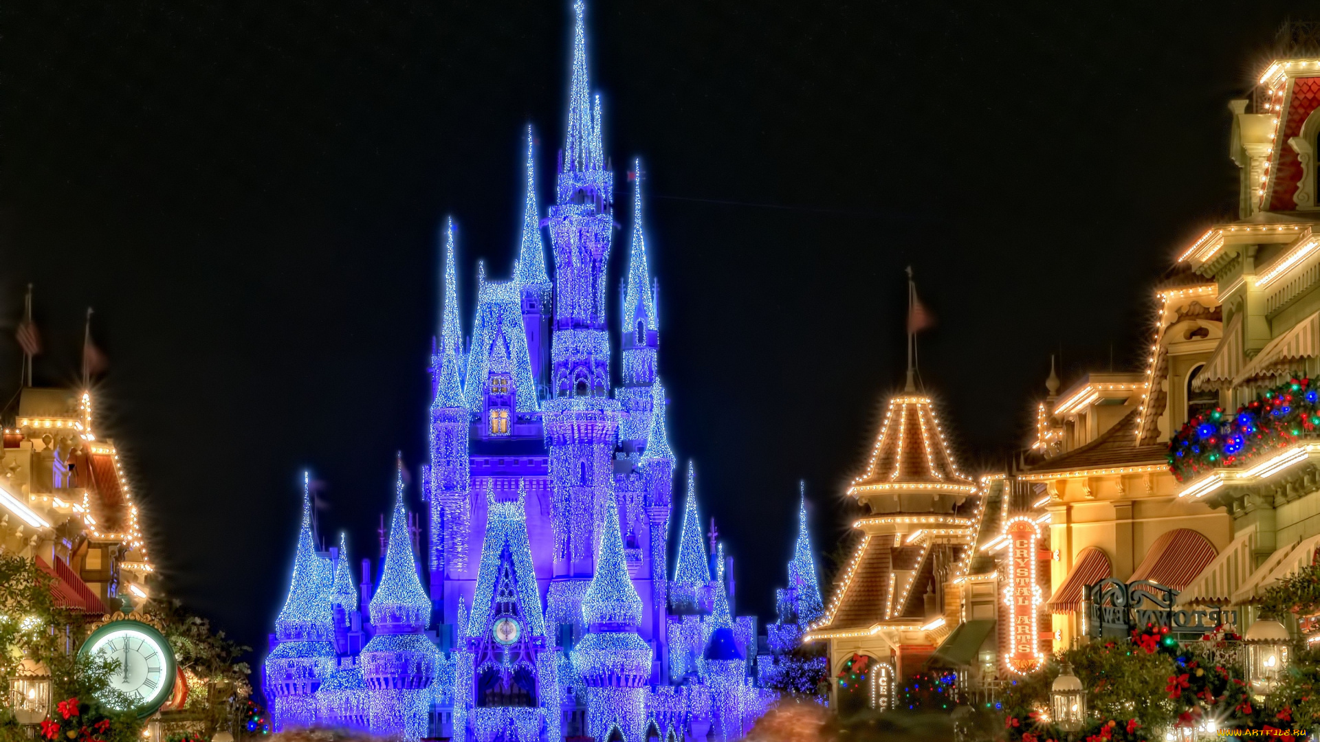 города, диснейленд, иллюминация