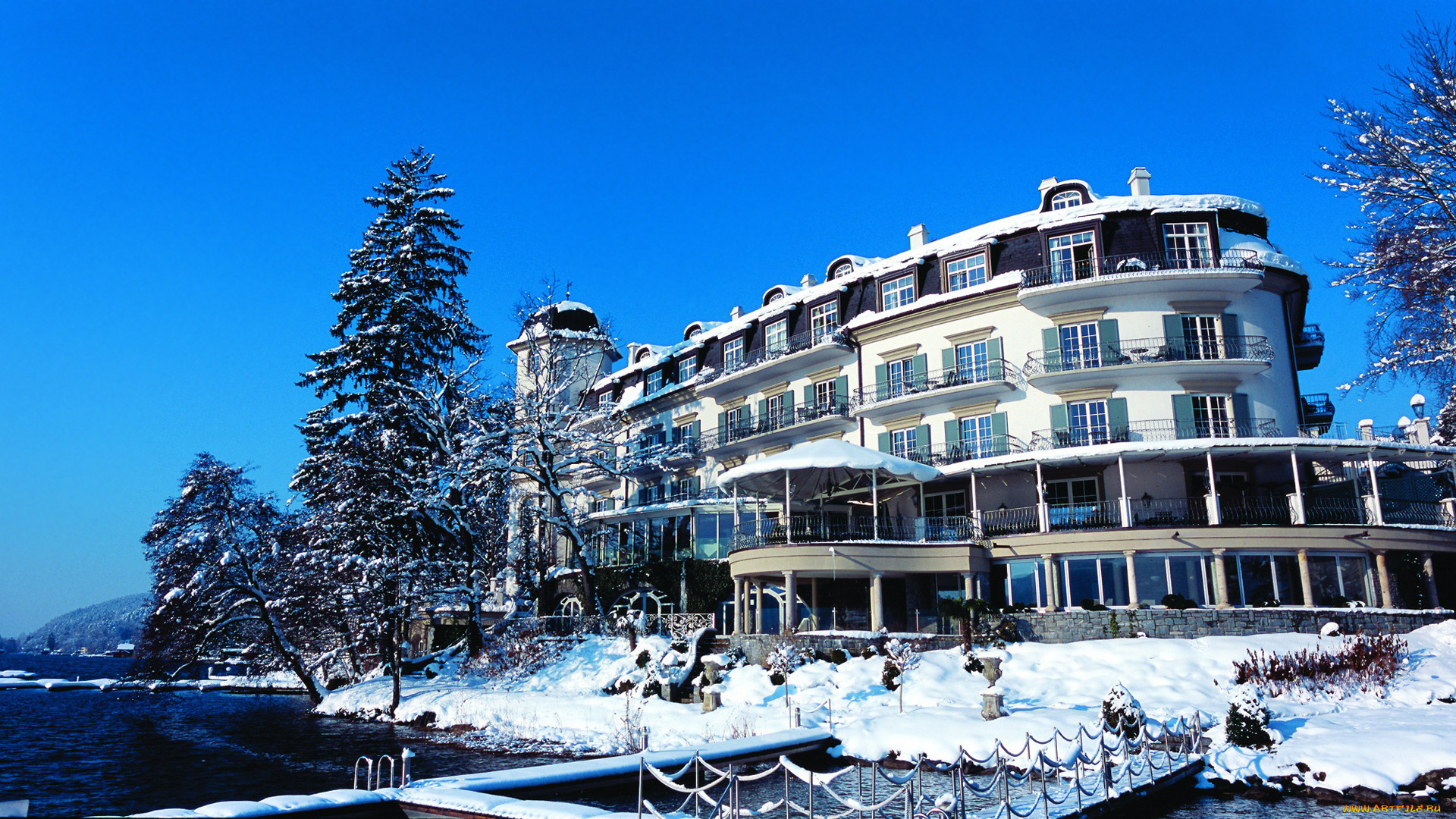 города, здания, дома, снег, река, озеро, отель, дом, отдыха