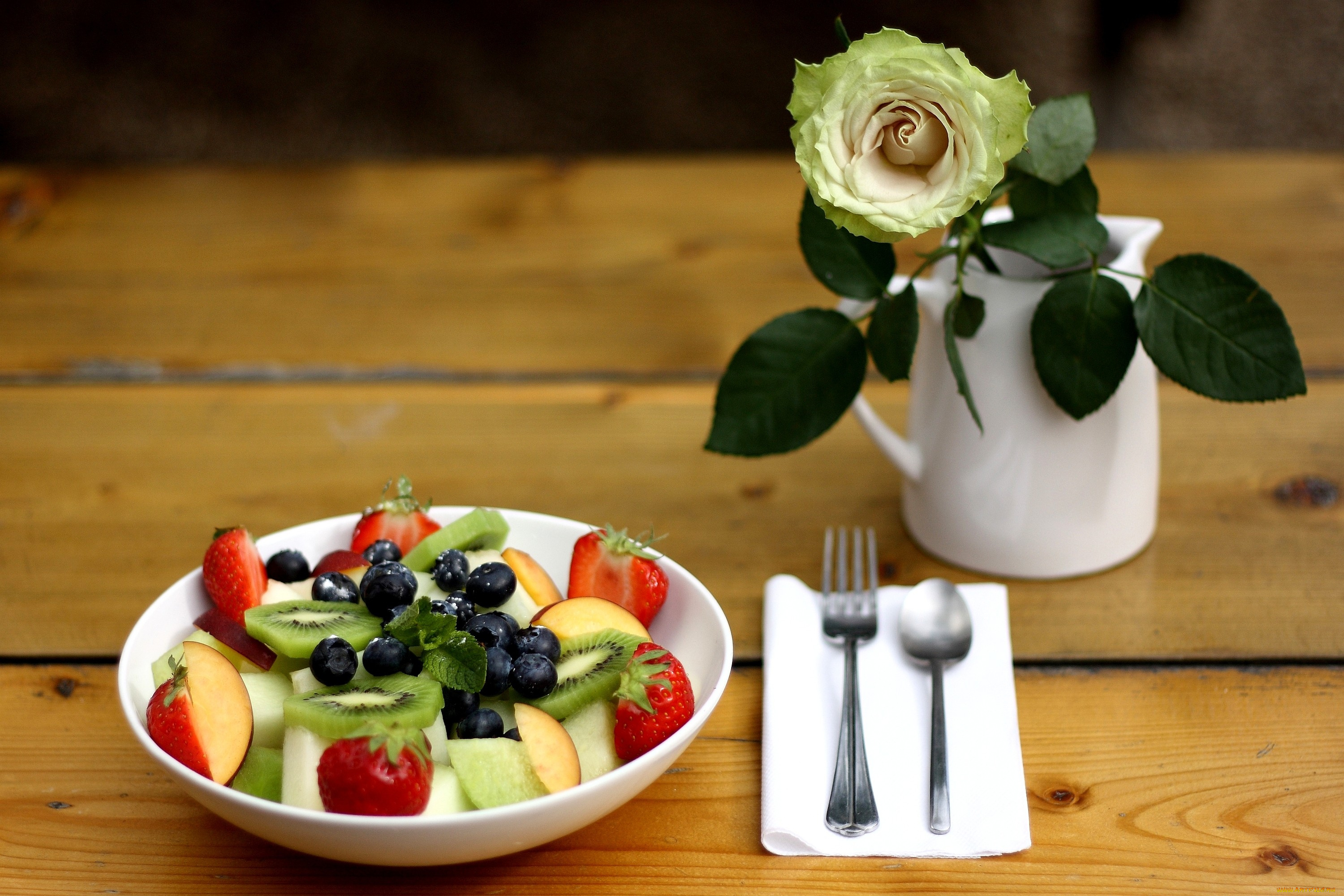 еда, мороженое, десерты, роза, вилка, фруктовый, салат