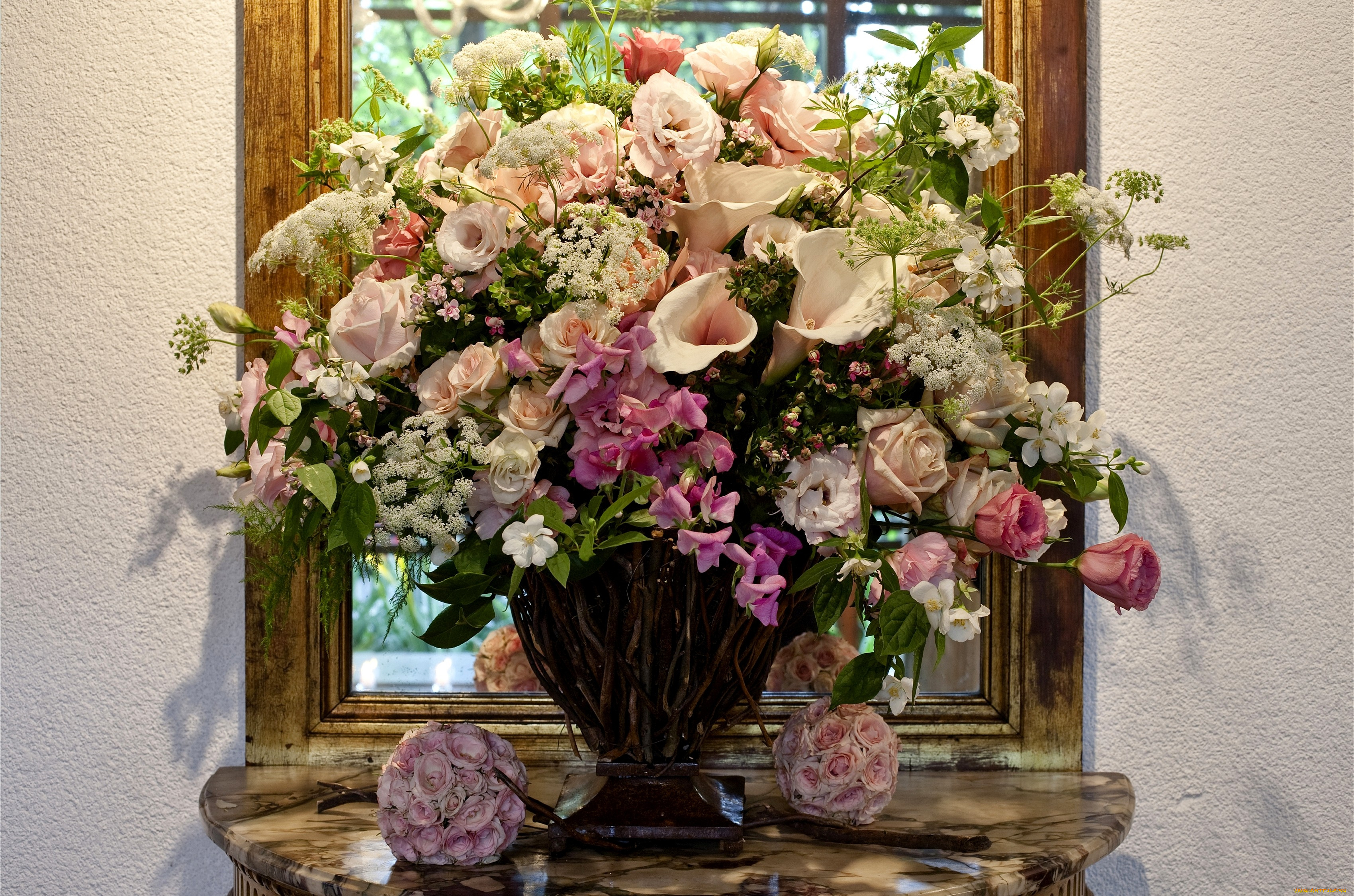 цветы, букеты, композиции, жасмин, розы, эустома, калы