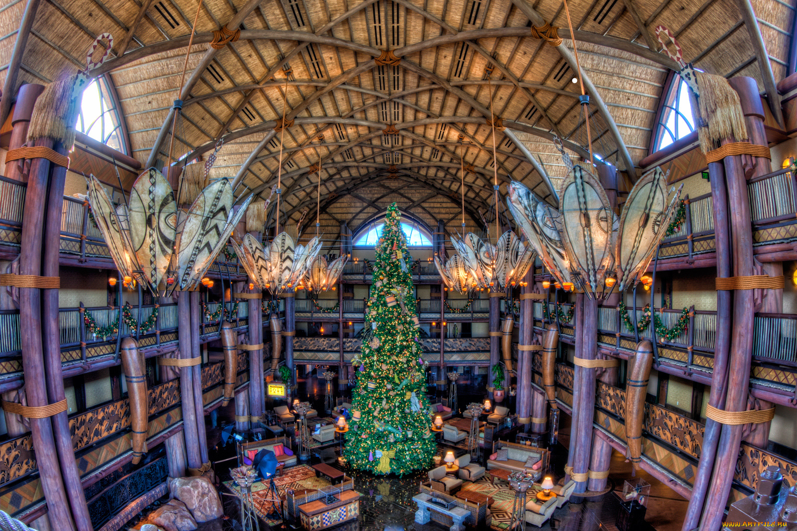 праздничные, Ёлки, люстры, холл, дерево
