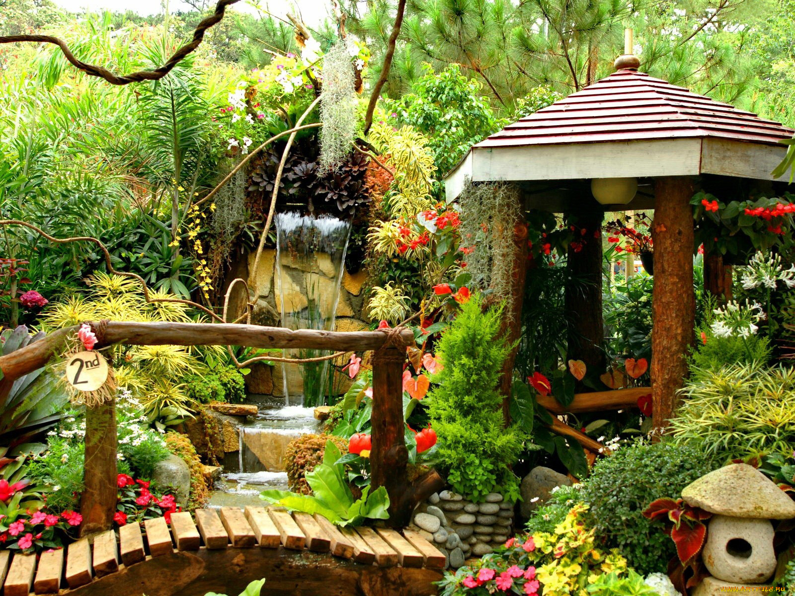 природа, парк, водопад, беседка, цветы