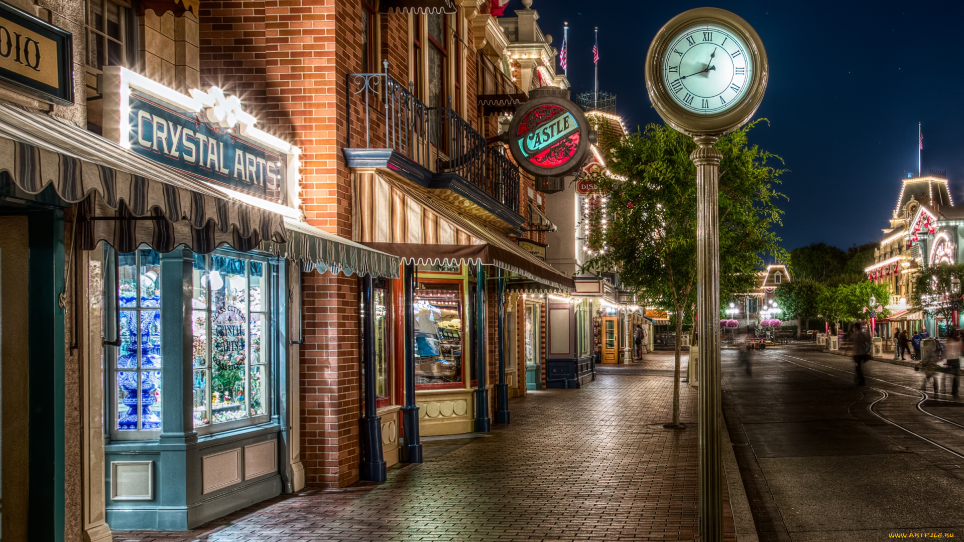 города, диснейленд, иллюминация, улица, часы, тротуар
