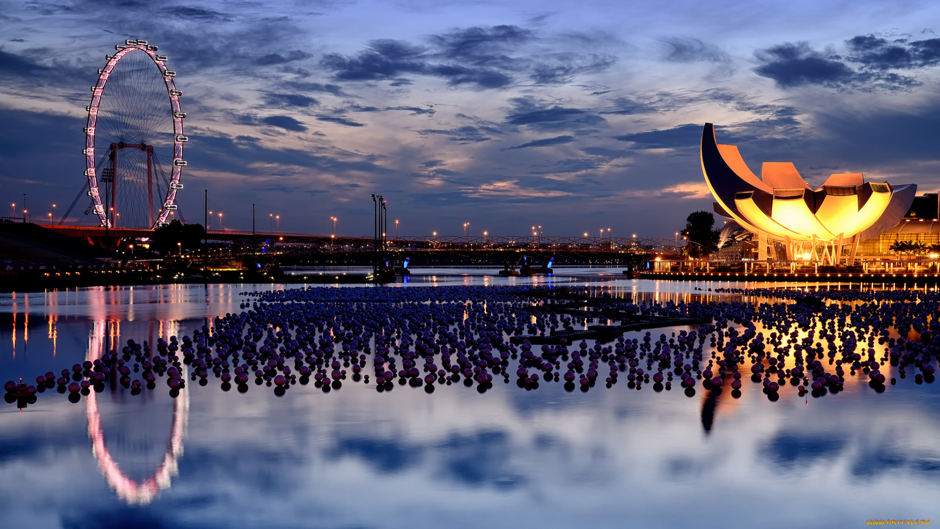 отражение, города, сингапур, вода, шарики, восход, колесо, обозрения