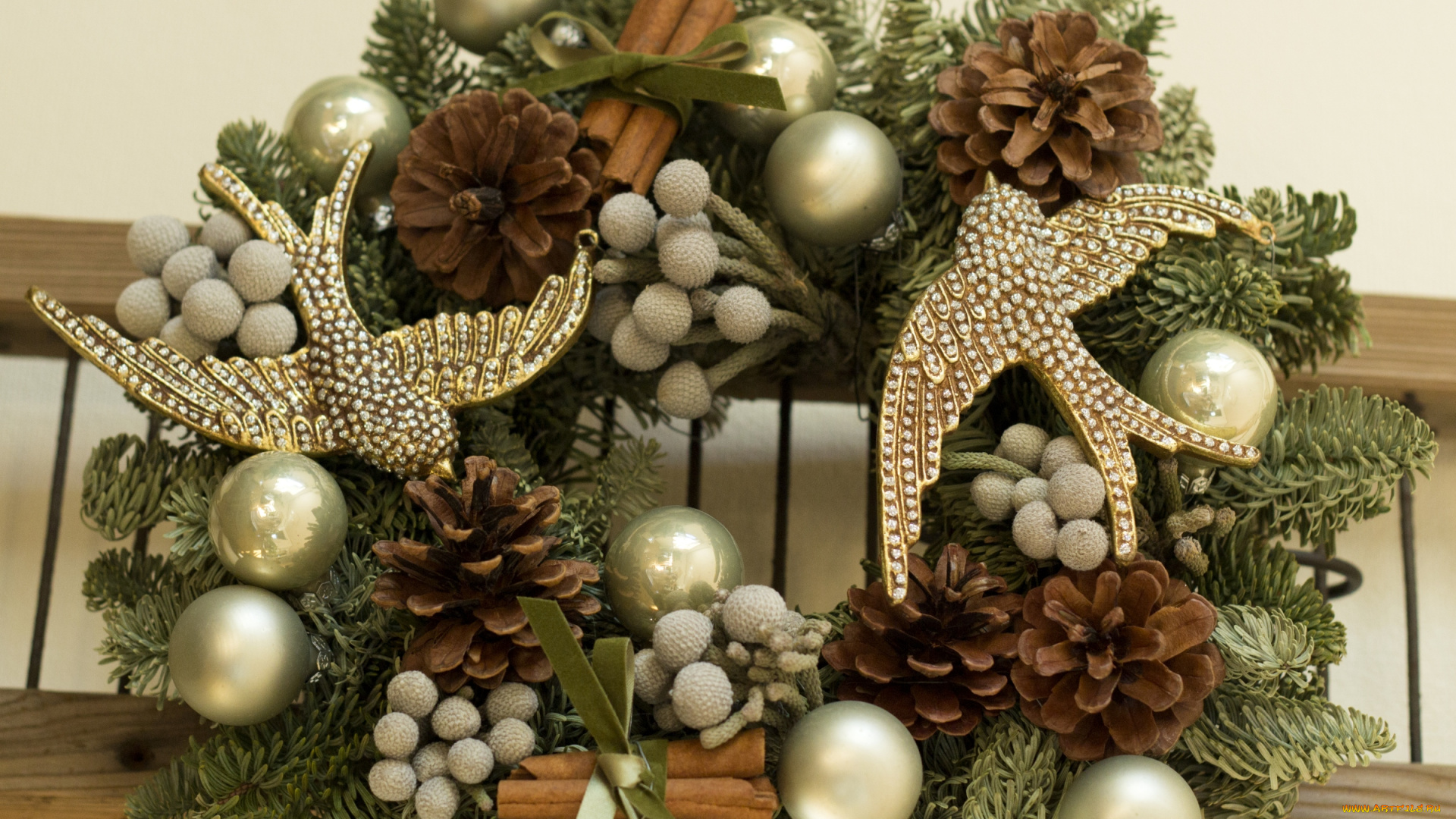 праздничные, украшения, птицы, ель, шишки, венок, ветки