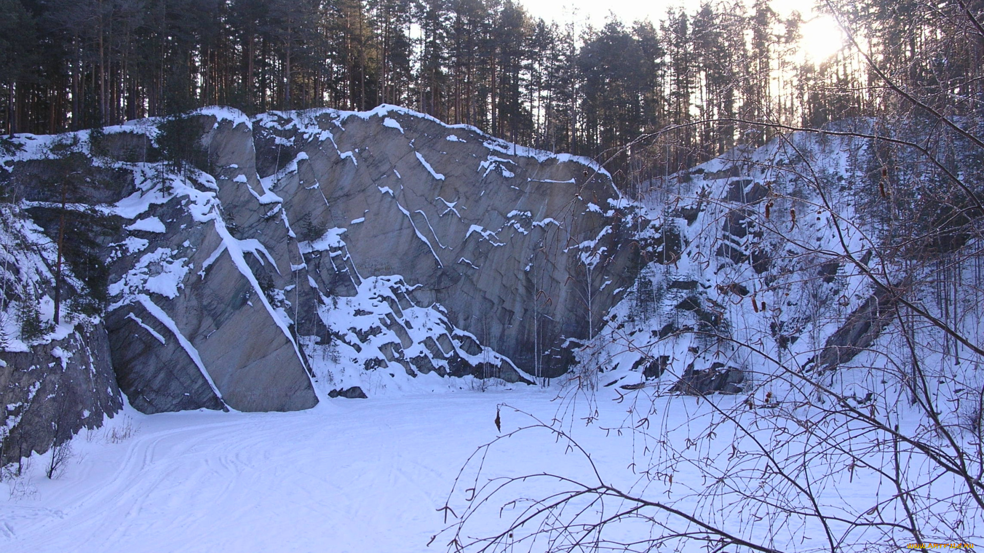 природа, зима, скала, деревья, снег