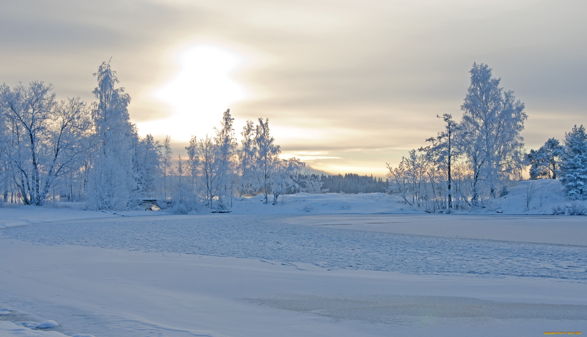 природа, зима, снег, деревья, мост