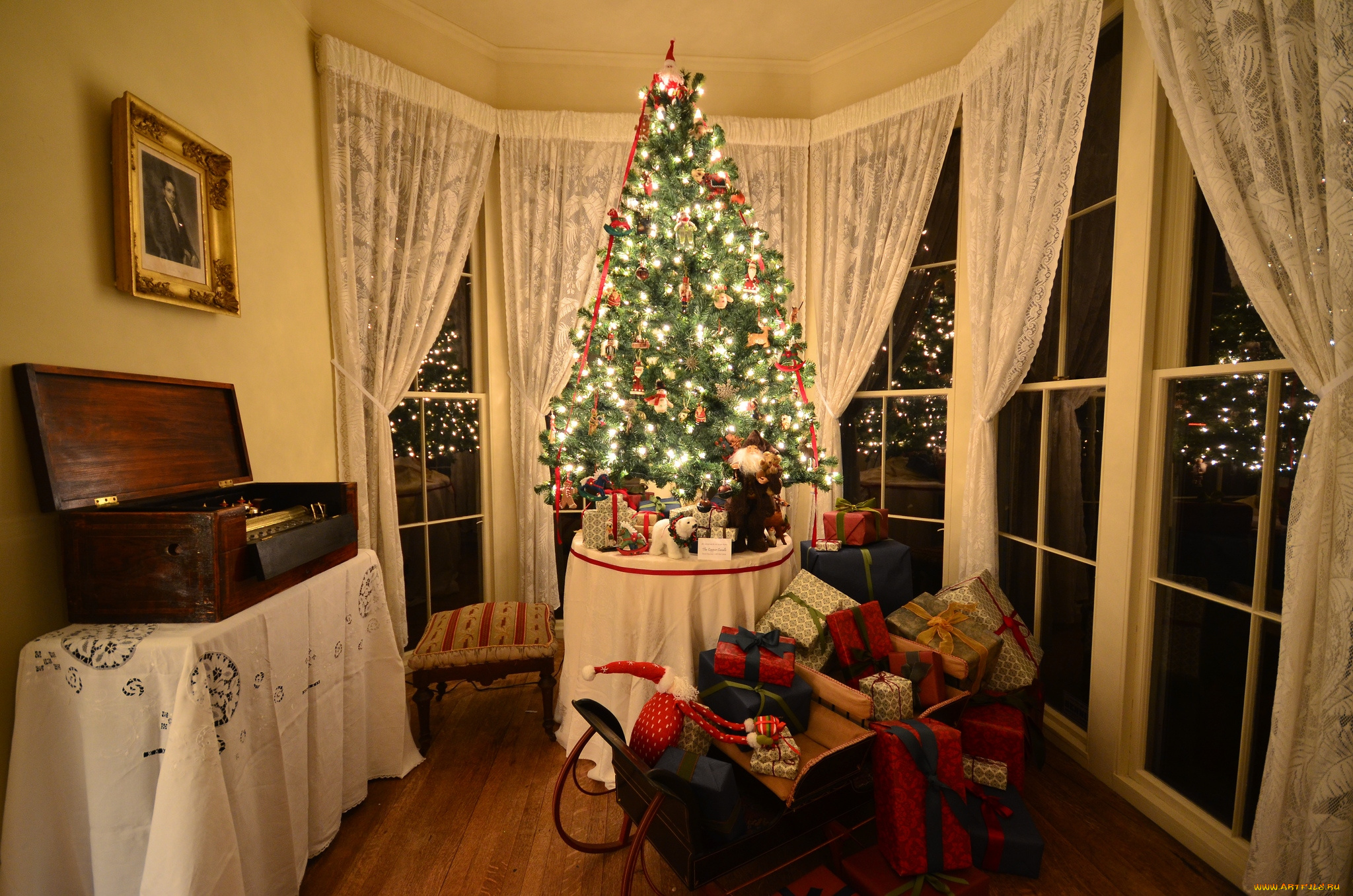 праздничные, Ёлки, комната, дерево, подарки
