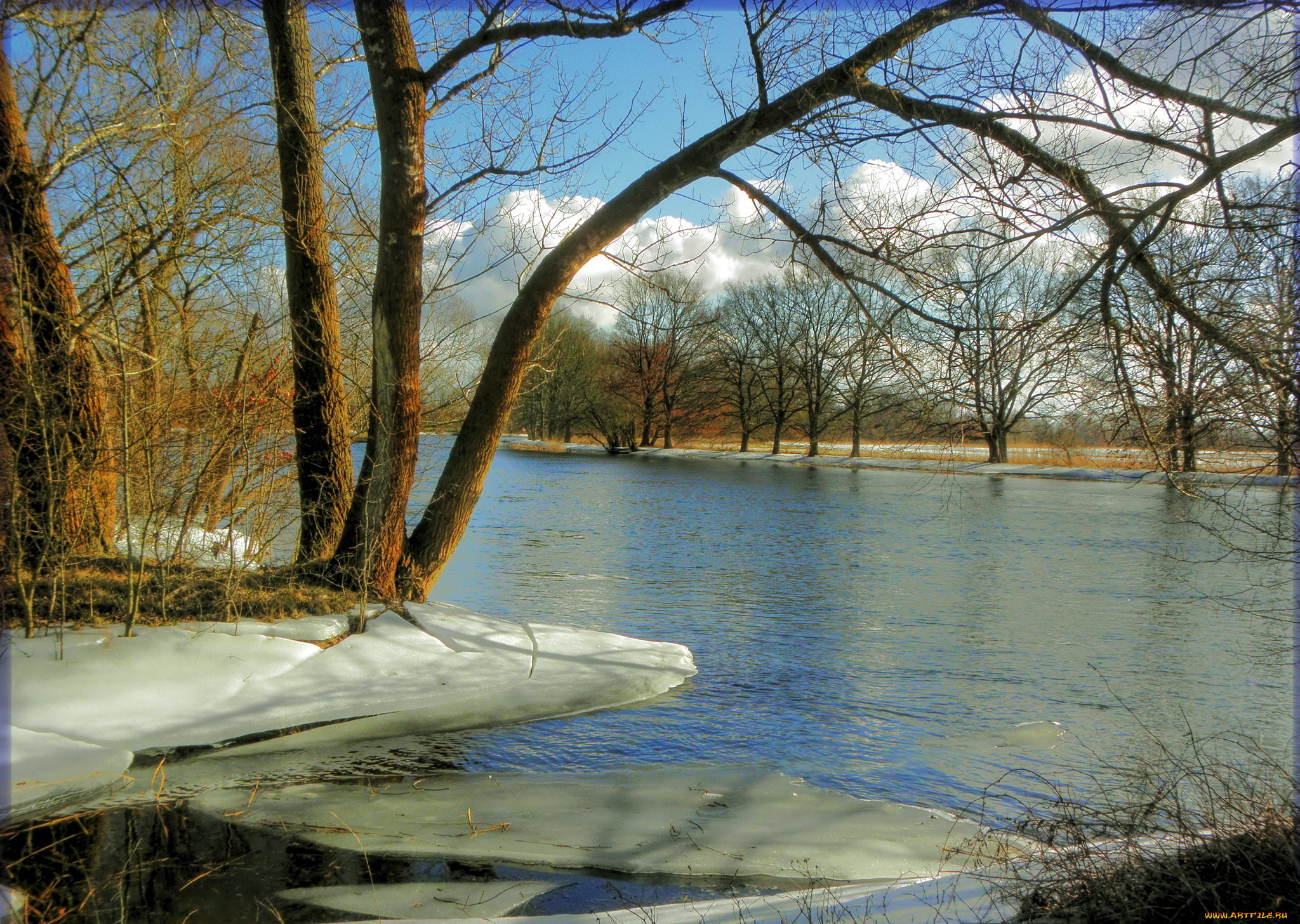 германия, бранденбург, ратенов, природа, реки, озера, река, зима, снег