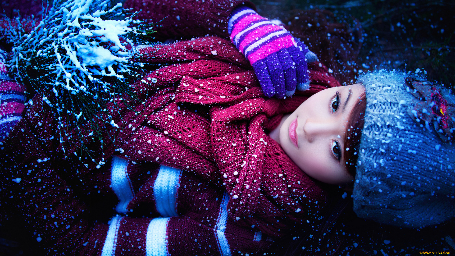 девушки, -unsort, , азиатки, снег, шапочка, сказка