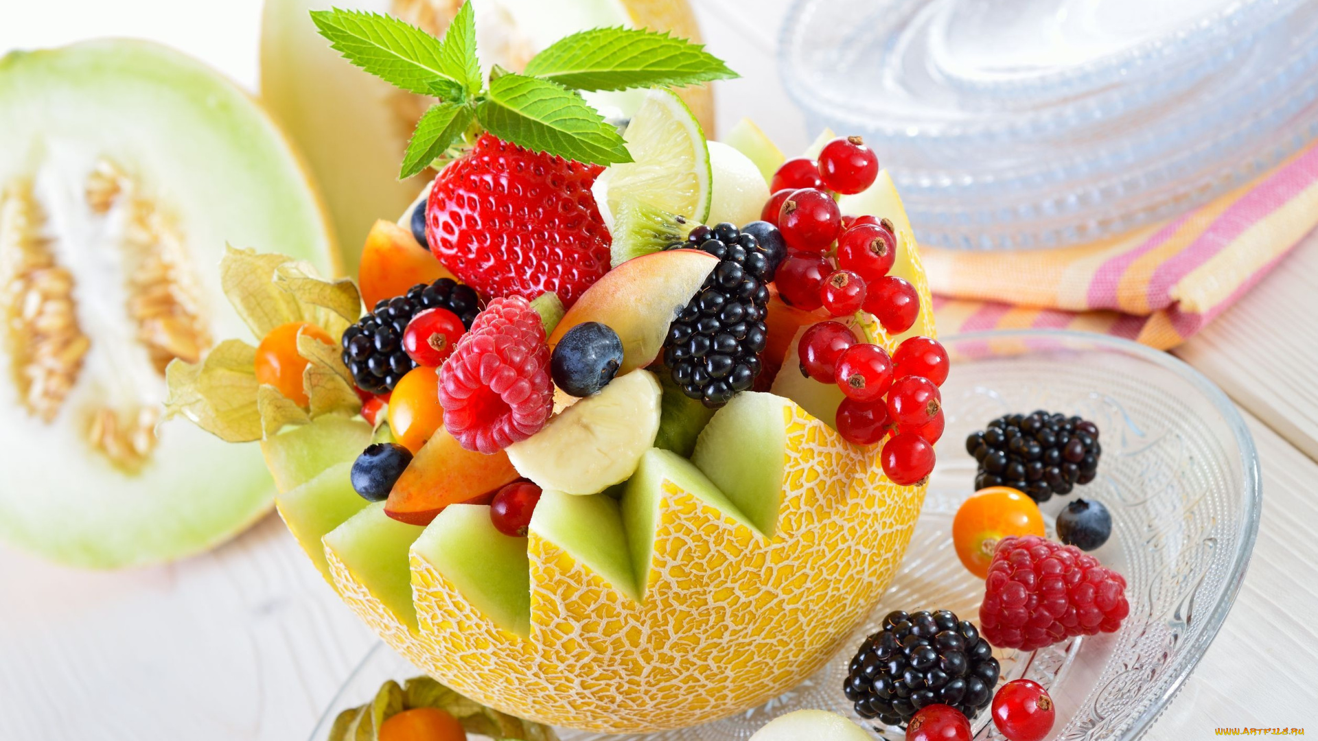 еда, фрукты, , ягоды, дыня, клубник, ежевика, малина, мята, смородина