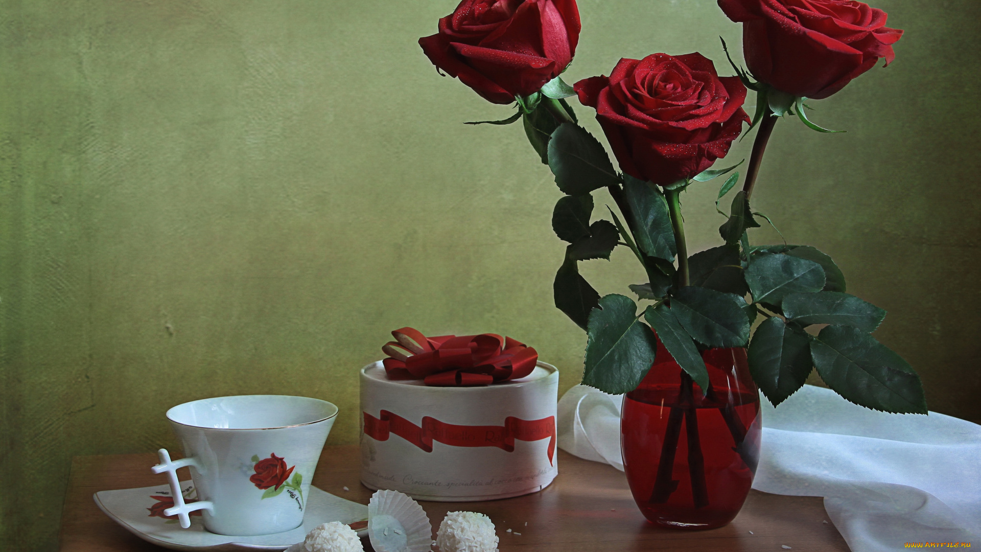 еда, конфеты, , шоколад, , сладости, рафаэлло, чашка, розы