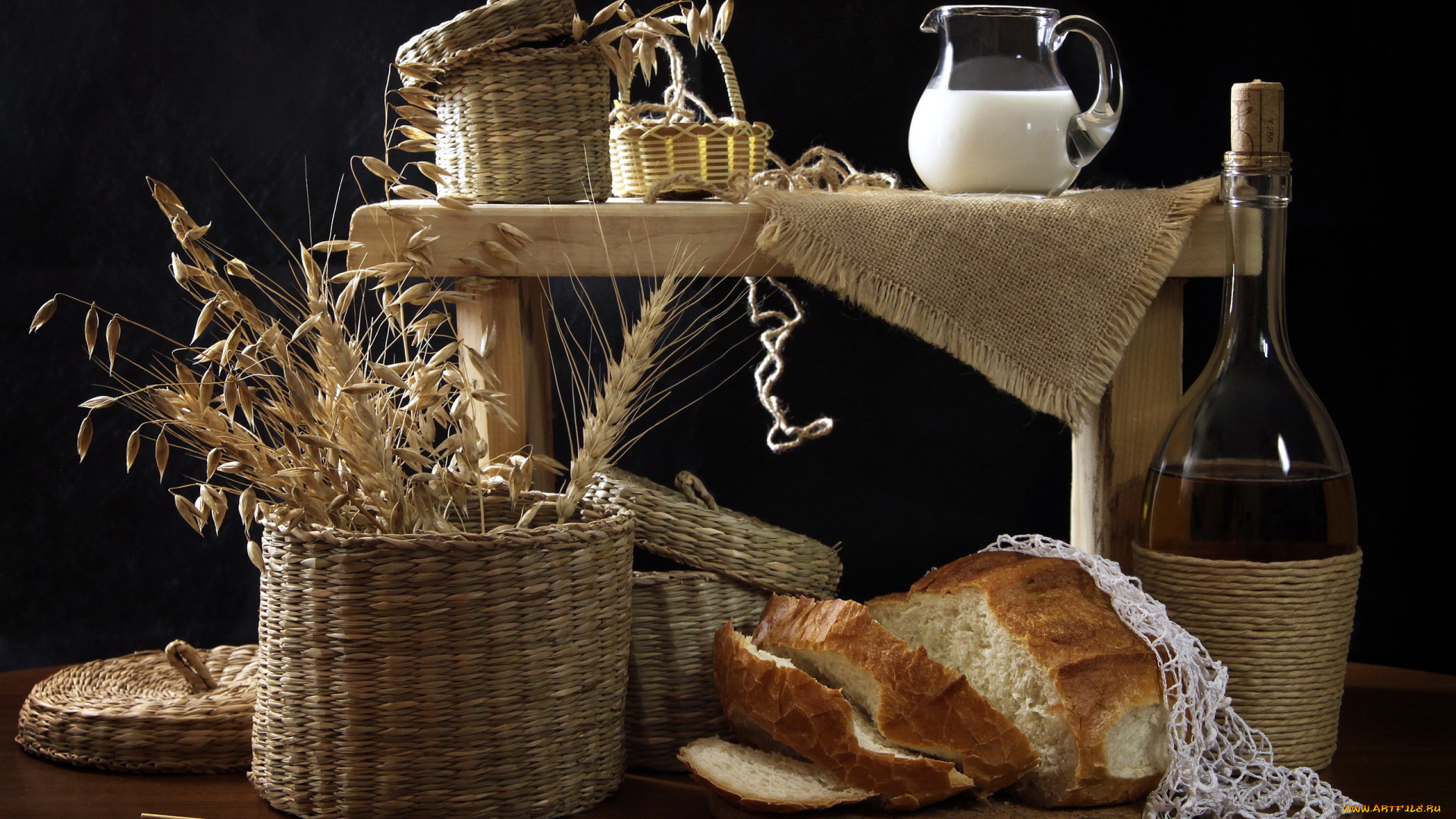 еда, натюрморт, молоко, колоски, бутыль, вино, хлеб