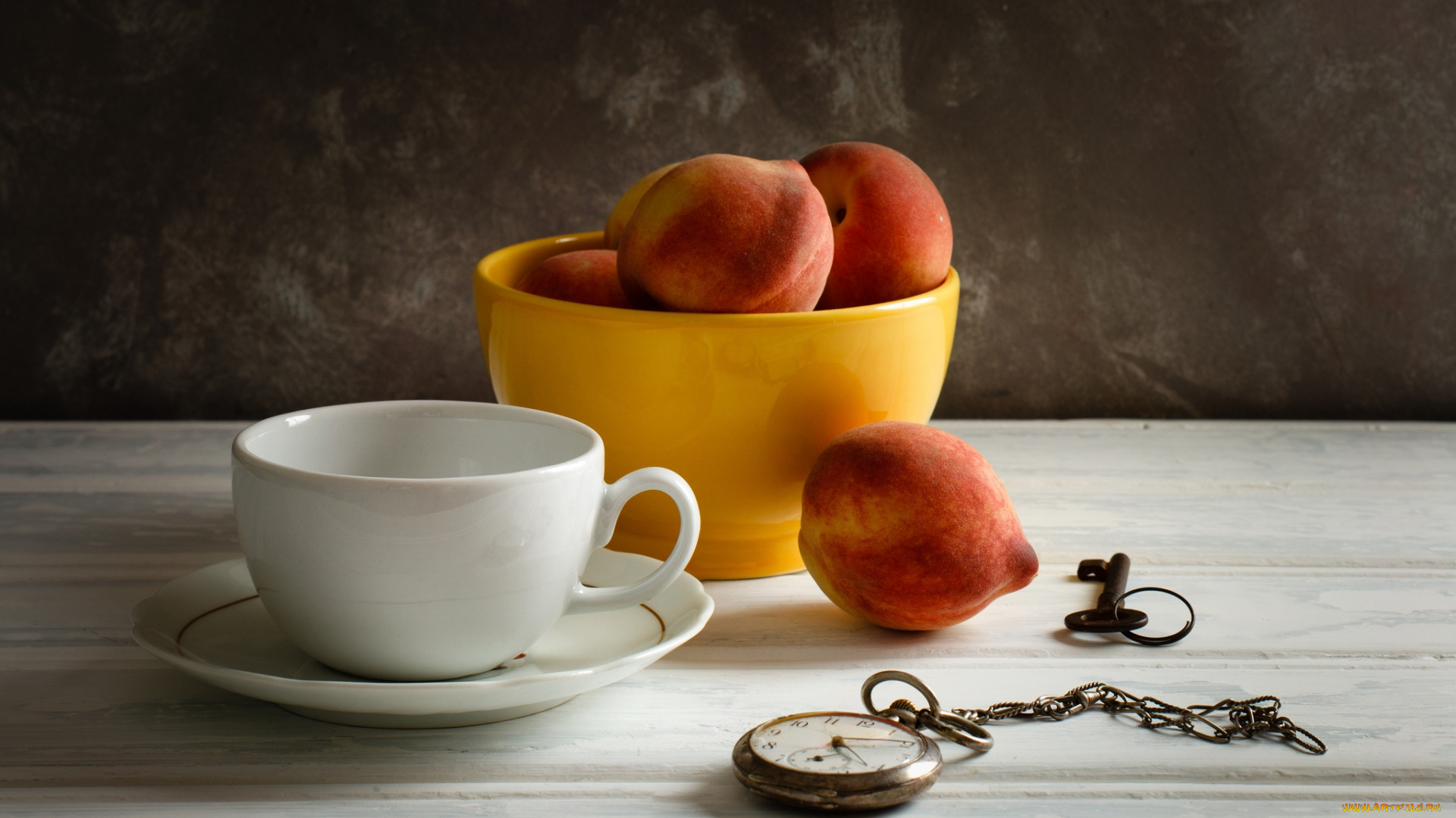 еда, персики, , сливы, , абрикосы, ключ, часы, чашка