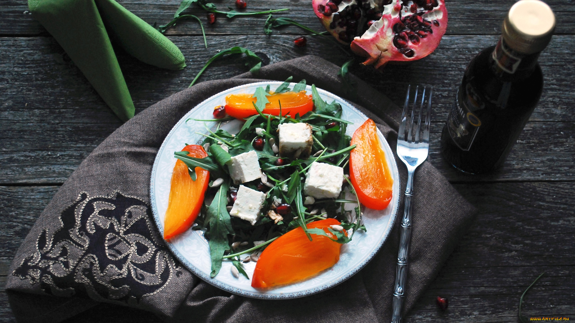 еда, салаты, , закуски, соус, руккола, гранат, козий, сыр, хурма